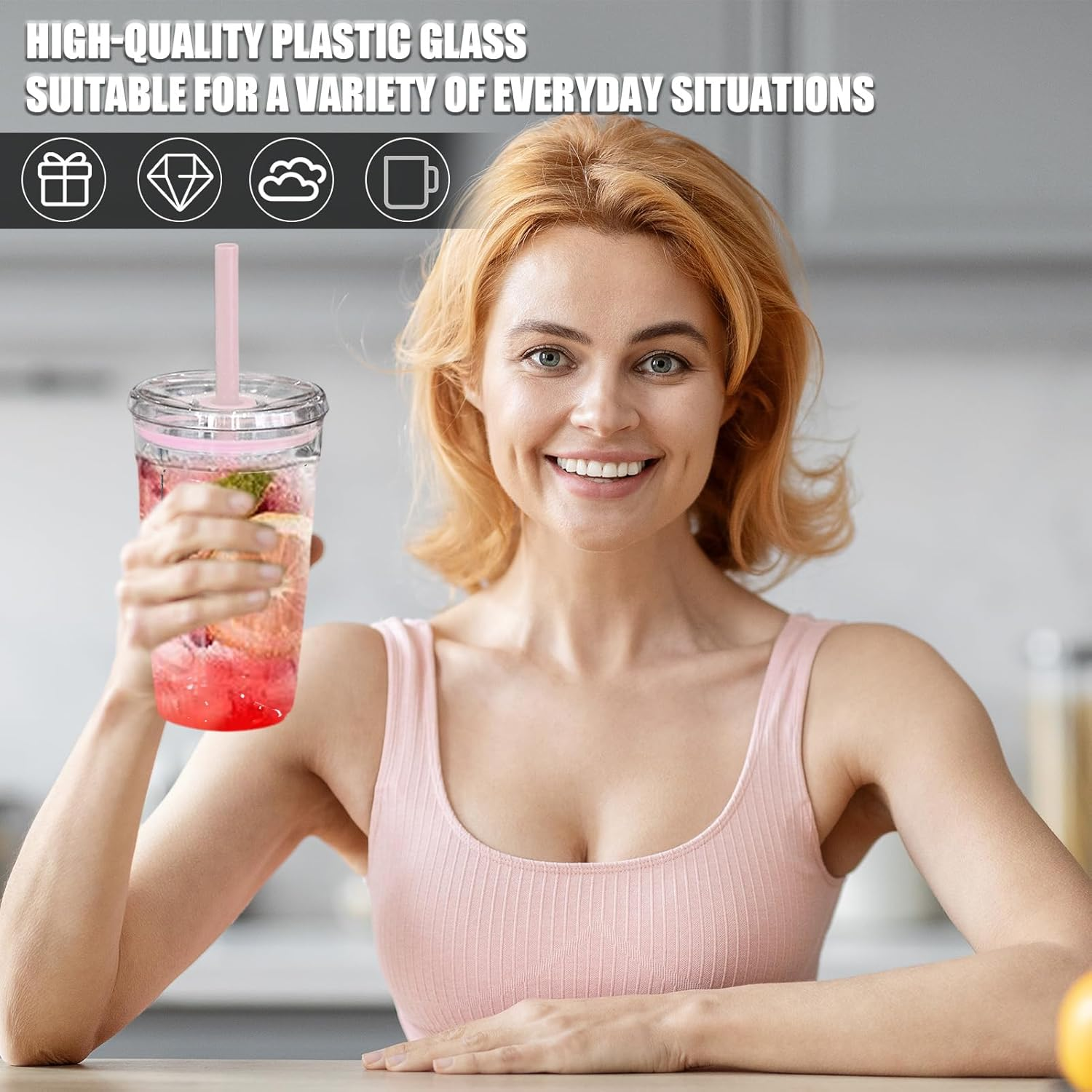 Clear Plastic Cold Cup, Acrylic Tumbler with Lid and Straw,16Oz Premium Insulated Iced Coffee Cups(Pink) image number 1