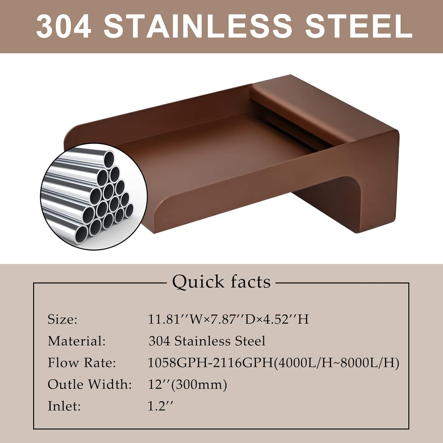 PONDO 304 Stainless Steel Made Exquisite Handcrafted Waterfall Spout for Landscape, Water Fountain Spout Scupper Luxury Decoration for Pools, Ponds, Water Walls (Brown Powder Coating) - Brushed Finishing image number 2