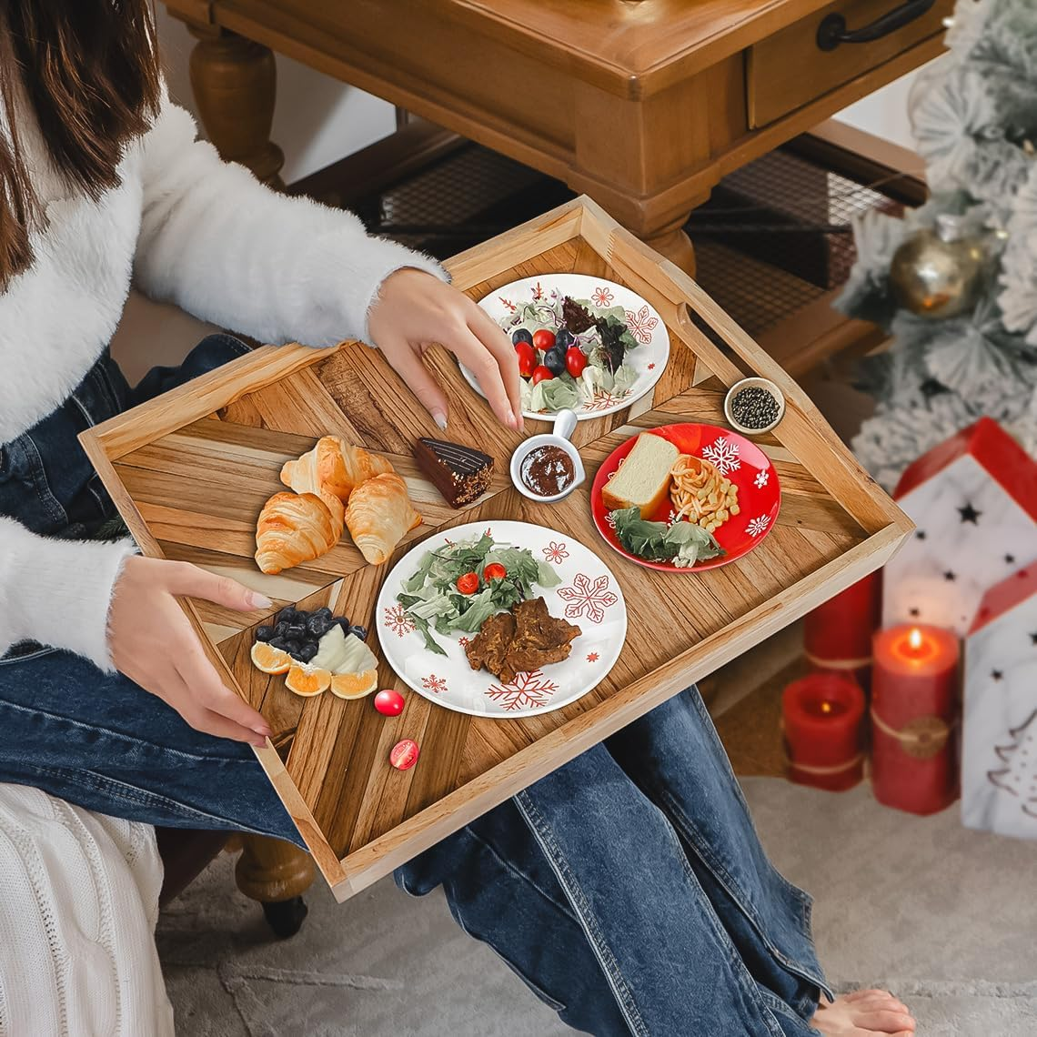 Handmade Wooden Serving Tray - 3 Style Design Collection | Solid Wood Inlay, Matte Finish | Ideal for Weddings & Housewarming Gift image number 4
