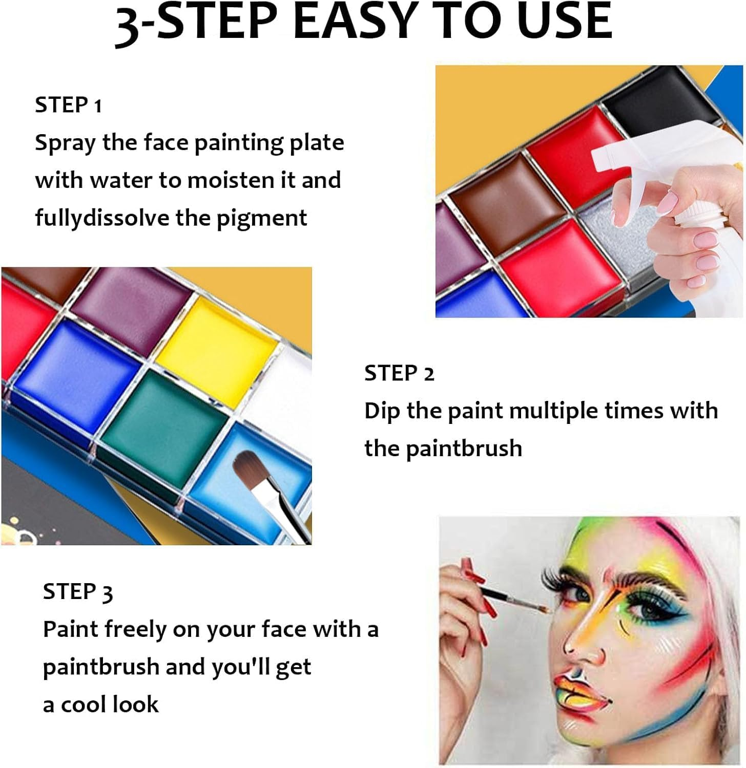 12 Color Face Painting Kit, Professional Body Paint Palette Set, Matte Shimmer Washable Make up Palettes with Brush, Professional Face Paint for Festivals Parties Halloween Makeup Cosplay image number 4