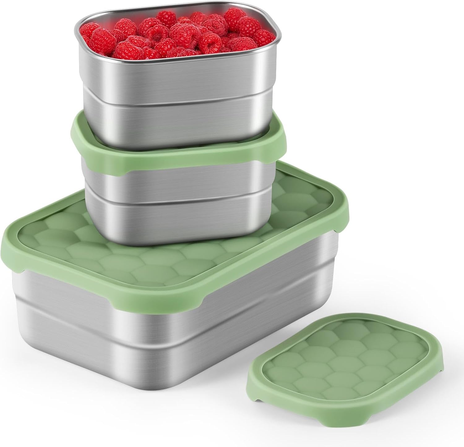 3 Cup+1 Cup Stainless Steel Lunch Snack Containers Set | Leak Proof 304 Stainless Steel Food Containers with Silicone Lids - Perfect Metal Lunch Box for School and Daycare (25Oz+8Oz*2)
