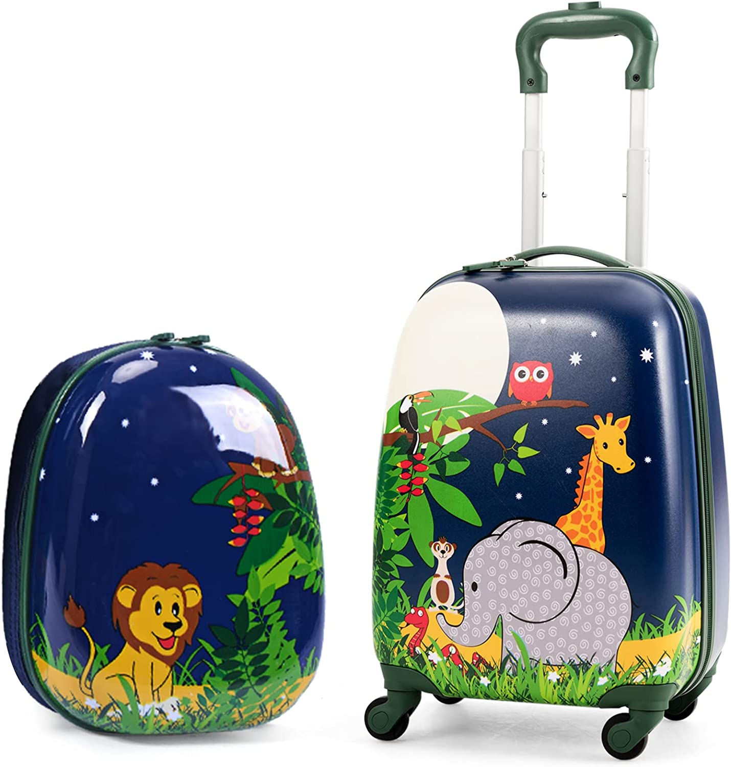 Giantex 2Pc 12"+16"/18" Kids Carry on Luggage Set Travel Trolley Travel Suitcase Set (Jungle)