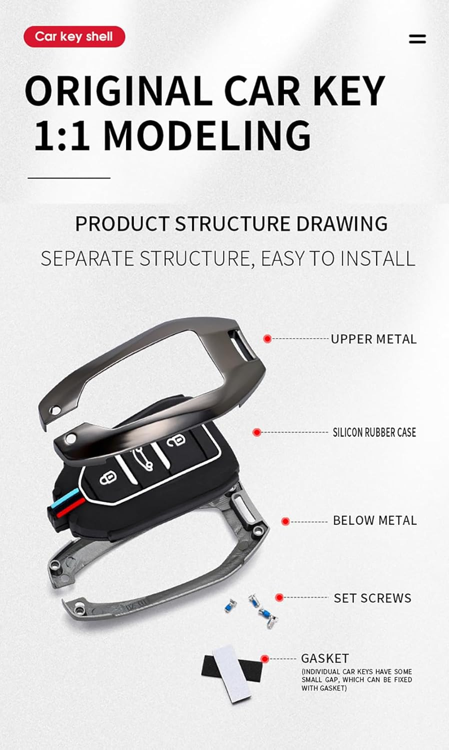 HIBEYO 3 Button Key Fob Cover for Peugeot 308 408 508 2008 3008 4008 5008 Key Smart Key Cover Accessories Fashion Alloy TPU Key Protector-B Keychain Black image number 4