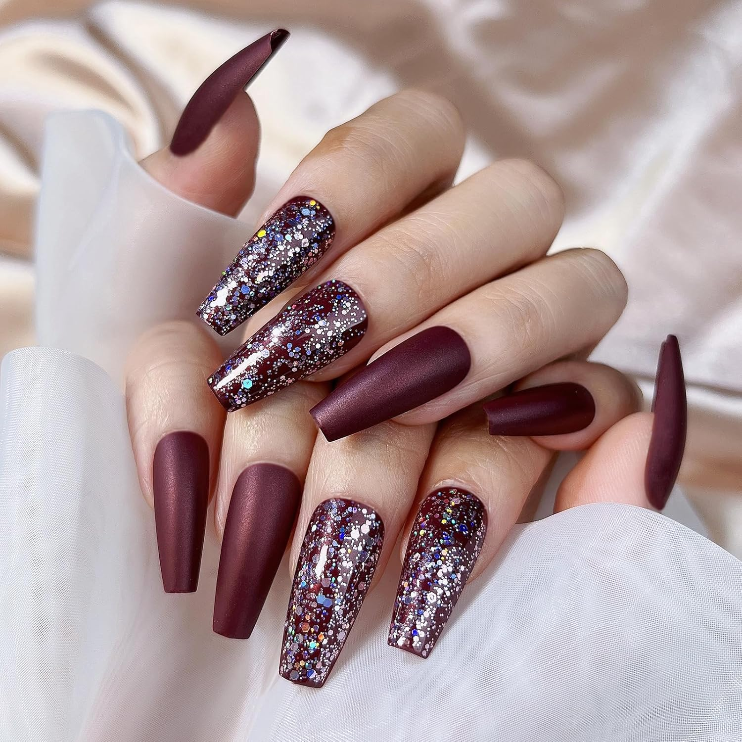 Mouyouglow Press on Nails Medium Length, Ballerina Dark Purple Glitter Fake Nails with Nail Glue, Dark Purple Sparkly Artificial Fingernails image number 3
