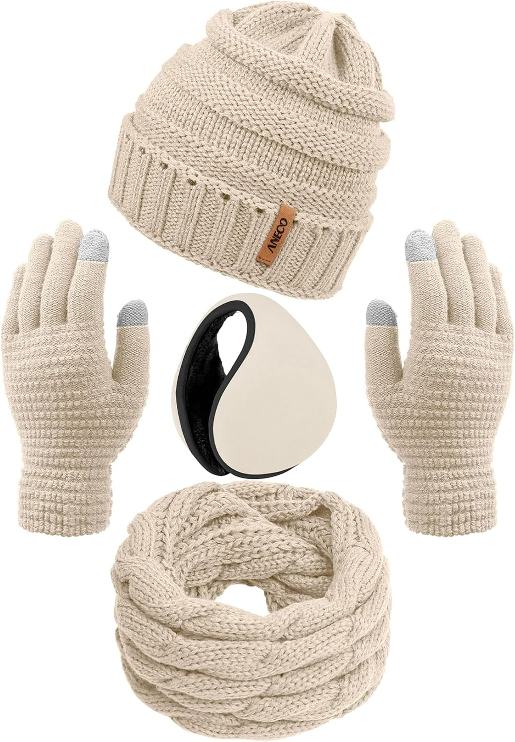 Aneco Winter Warm Sets Knitted Scarf Beanie Hat Touch Screen Gloves and Winter Ear Warmer for Men or Women