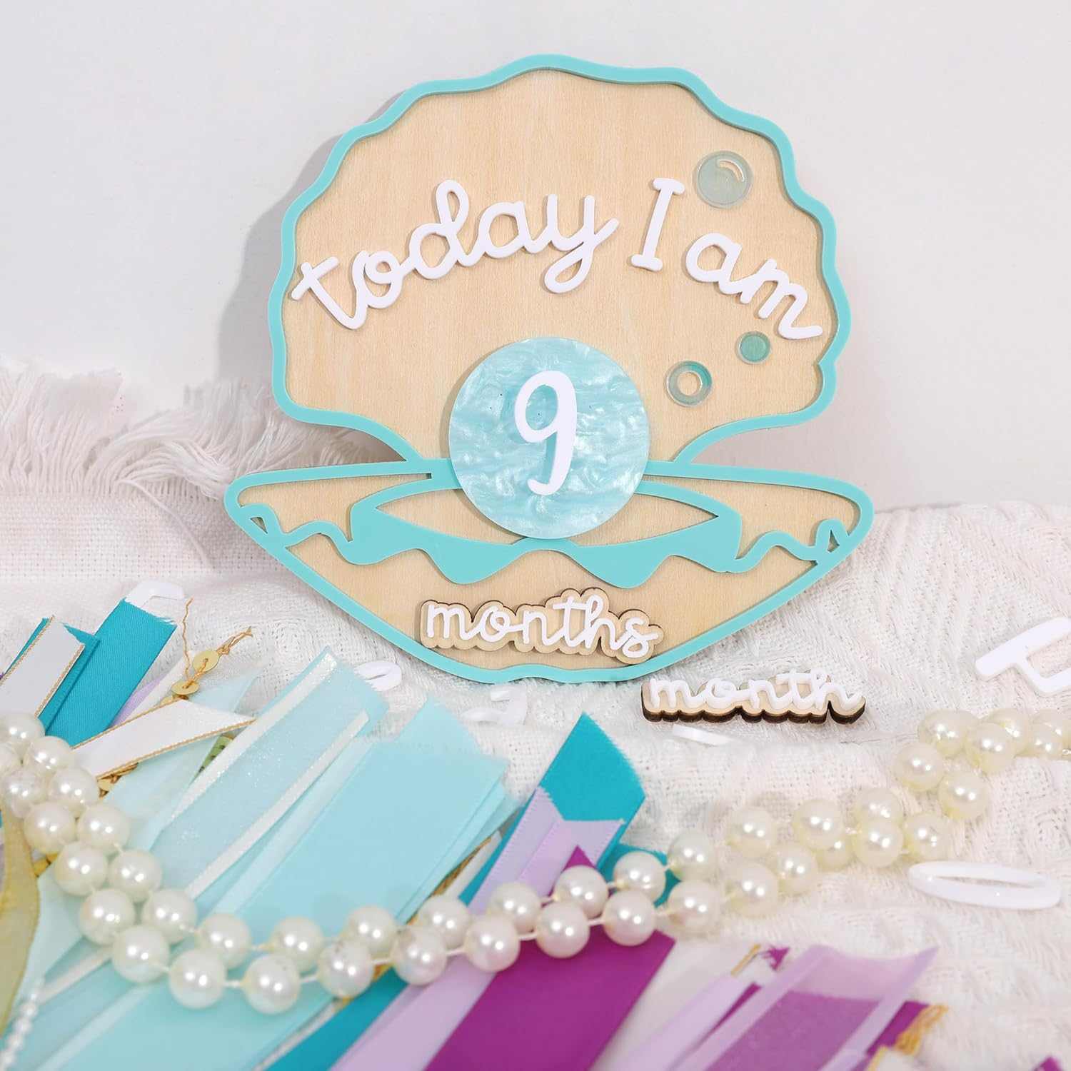 Wooden Mermaid Monthly Milestone Cards - Seashell Newborn Baby 1-12 Months Milestone Set, Baby'S First Year Set, Mermaid Nursery Decor (Green Seashell Monthly Card) image number 5