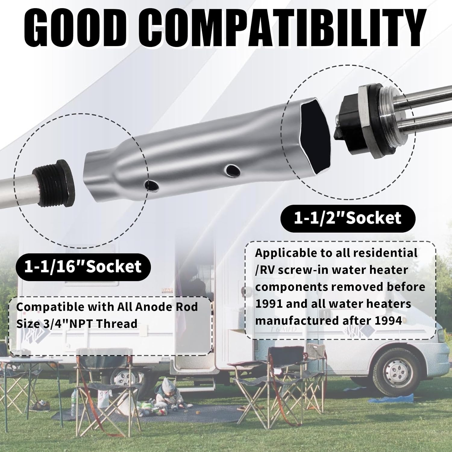 Galvanized Carbon Steel RV Water Heater Element Wrench, Water Heater Hex Socket, Compact Anode Rod Hex Wrench, Hex Socket for RV Camper Travel Trailer Motorhome, 1-1/16 in X 1-1/2 in X 6 in (1) image number 4