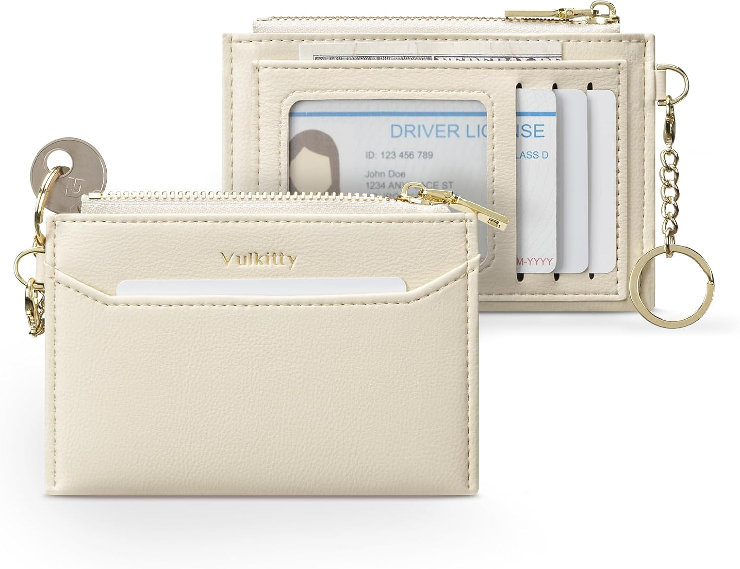 Vulkitty Slim Card Holder for Womem with Keychain and ID Window, Minimalist Wallet RFID Protected for Cards, Bills, Keys and Coins, Blue