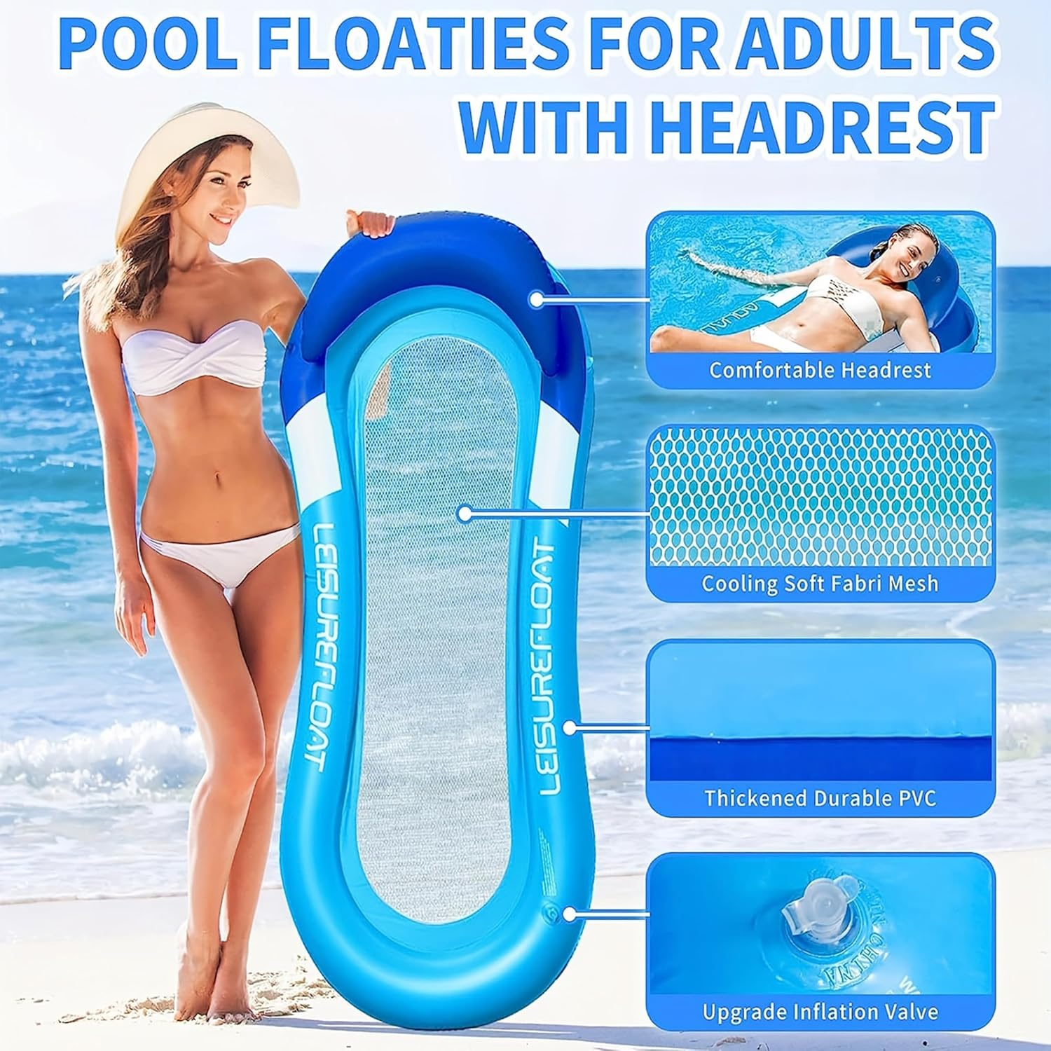 Tanning Pool,Inflatable Floating Row, Collapsible with Backrest,Inflatable Sofa Floating Bed for Adults, Water Lounge Chair Toy, Blue image number 2