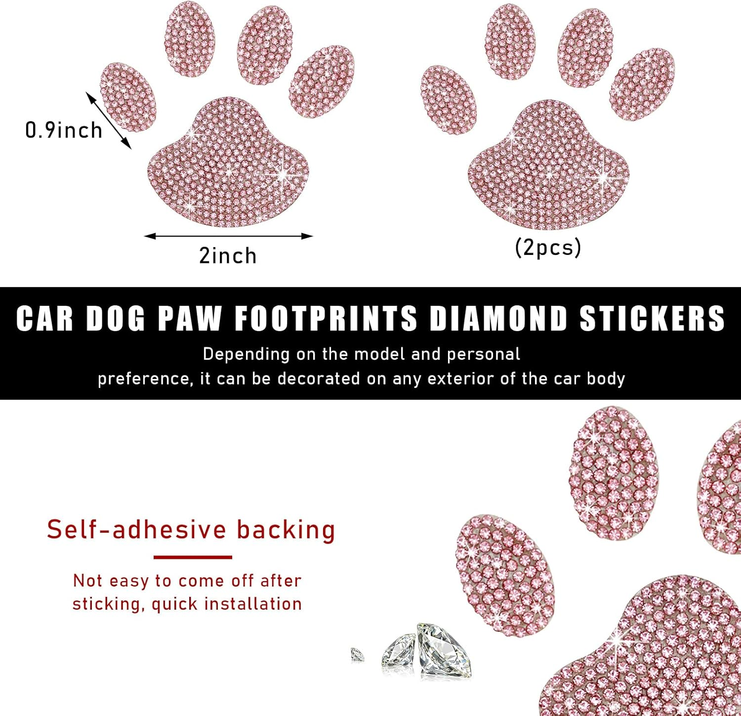 2 PCS Bling Dog Paw Sticker, Sparkly Crystal Rhinestone Paw Print Decals for Car, Cute Paw Sticker of Badge Bumper Luggage Laptop Emblem Decoration, Universal Car Accessories (Pink) image number 3