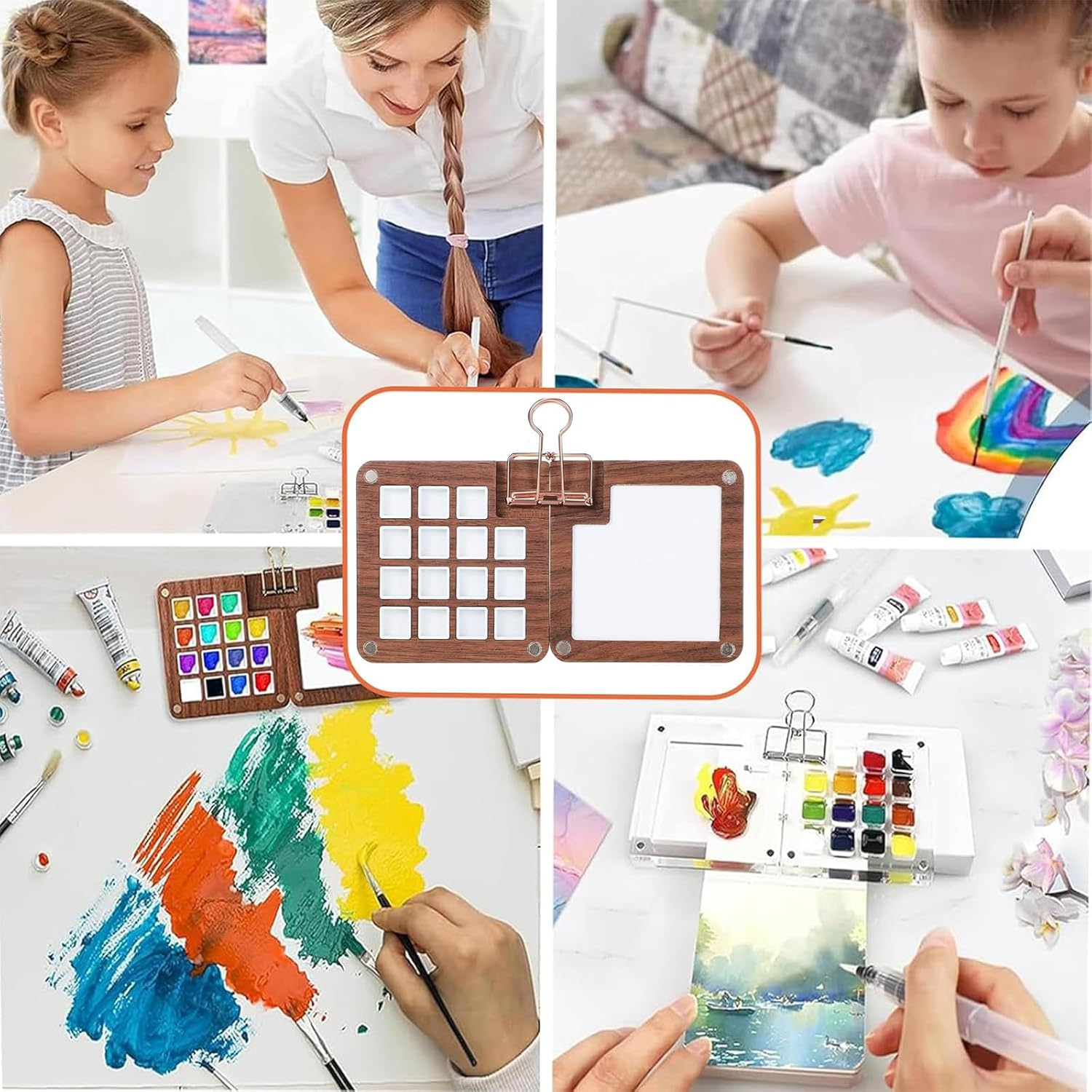 Miniature Watercolor Painting Palette Kit,Wooden 15 Grid Pocket Artist Palette Travel Set Portable Watercolor Palette Box，For Art Lover Beginner image number 3