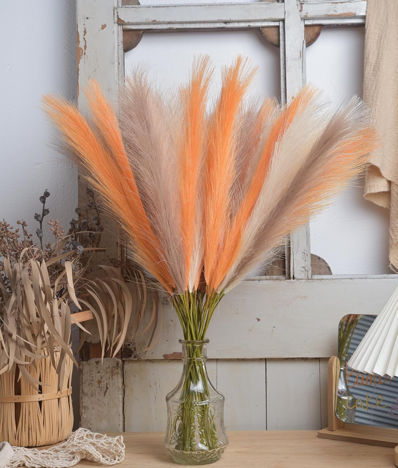 LSKYTOP Orange Pampas Grass Decor,23Inch 12Pcs Faux Pampas Grass Bouquets Artificial Pampas Fake Pampas Flower for Home Living Room Bedroom Vase Decor image number 3