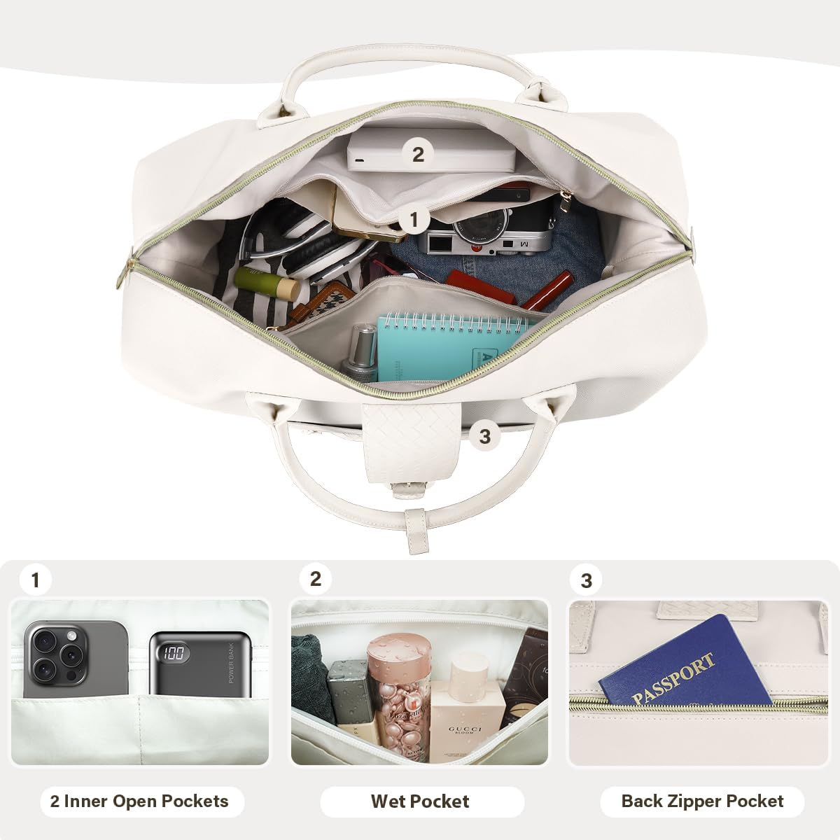 Travel Weekender Bags for Women, PU Leather Overnight Tote Duffle Bag with Shoe Compartment & Toiletry Bags image number 6