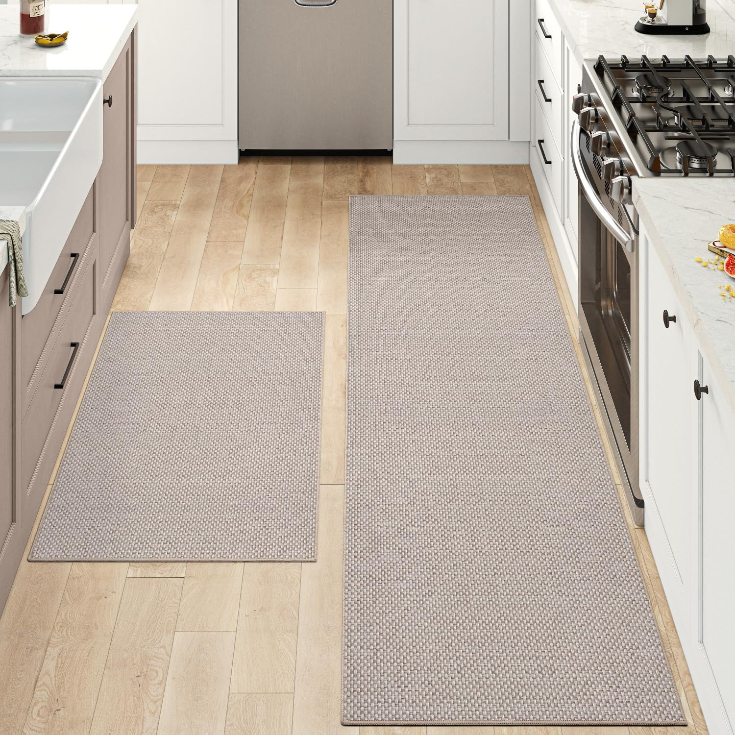 DEXI Kitchen Rugs and Mats for Floor, Non Slip Washable Absorbent Thin Woven Runner Rug for Front of Sink, Laundry Room, Hallway, 43.5X75Cm+43.5X150Cm, Beige