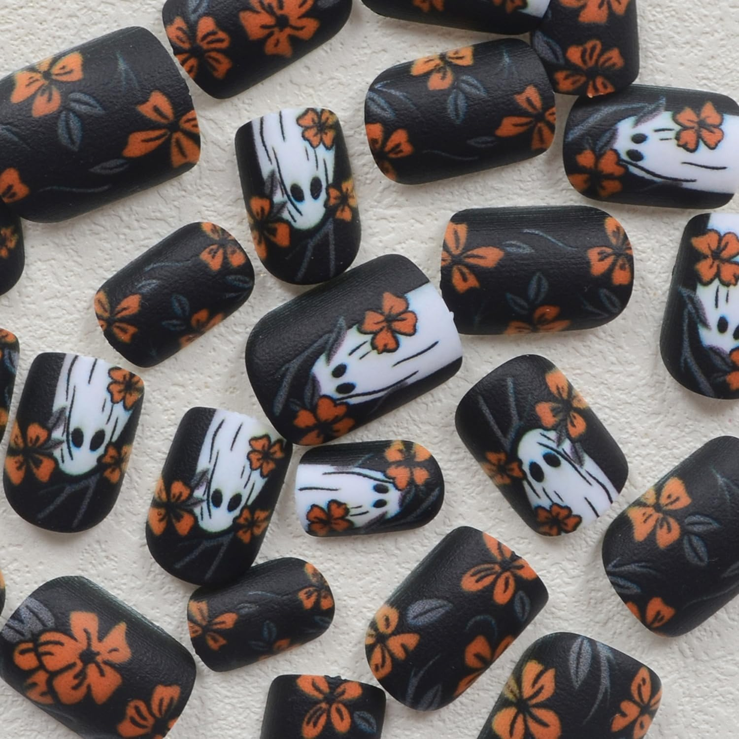 Halloween Yellow Flowers Press on Nails Short Square Fake Nails with Cute Little Ghost Designs Black Matte Artificial Nails Full Cover Stick on Nails Halloween Glue on Nails for Women Nail Art DIY image number 3
