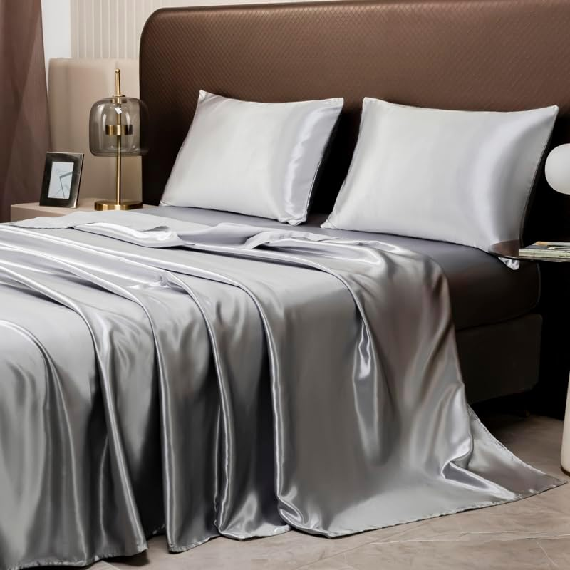 Luxury Bed Sheet Set- Ultra-Soft Silk Satin Bed Sheets - Breathable Bedding - Wrinkle, Fade, Stain Resistant - Deep Pocket (Gray, Queen) image number 2