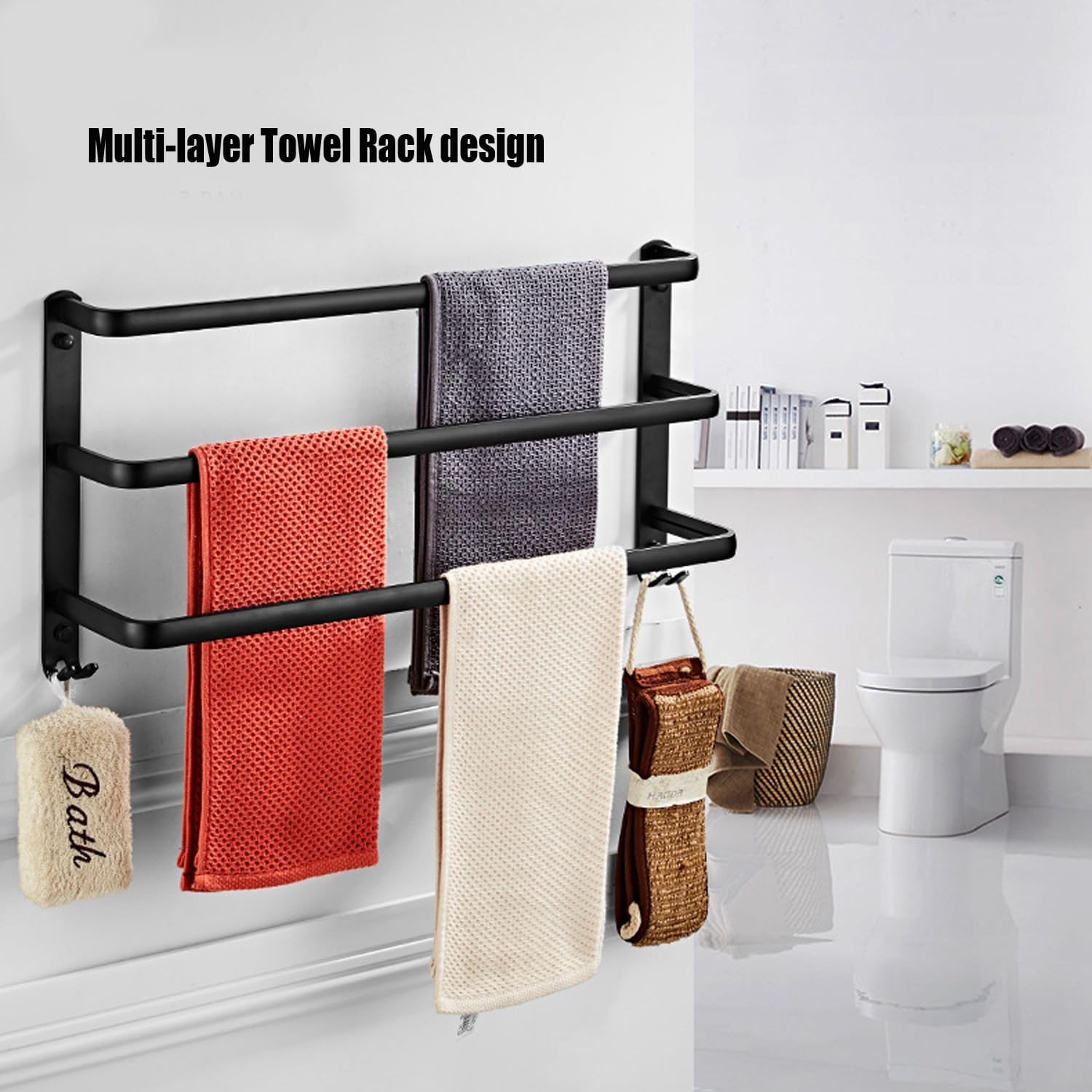 Towel Rack 60CM, Towel Rail Wall Mounted 3-Tier,Towel Rods with 2 Hooks, Bathroom Towel Holder Black Towel Bar, Modern Home Decor Bathroom Towel Rack, Frosted Black image number 6