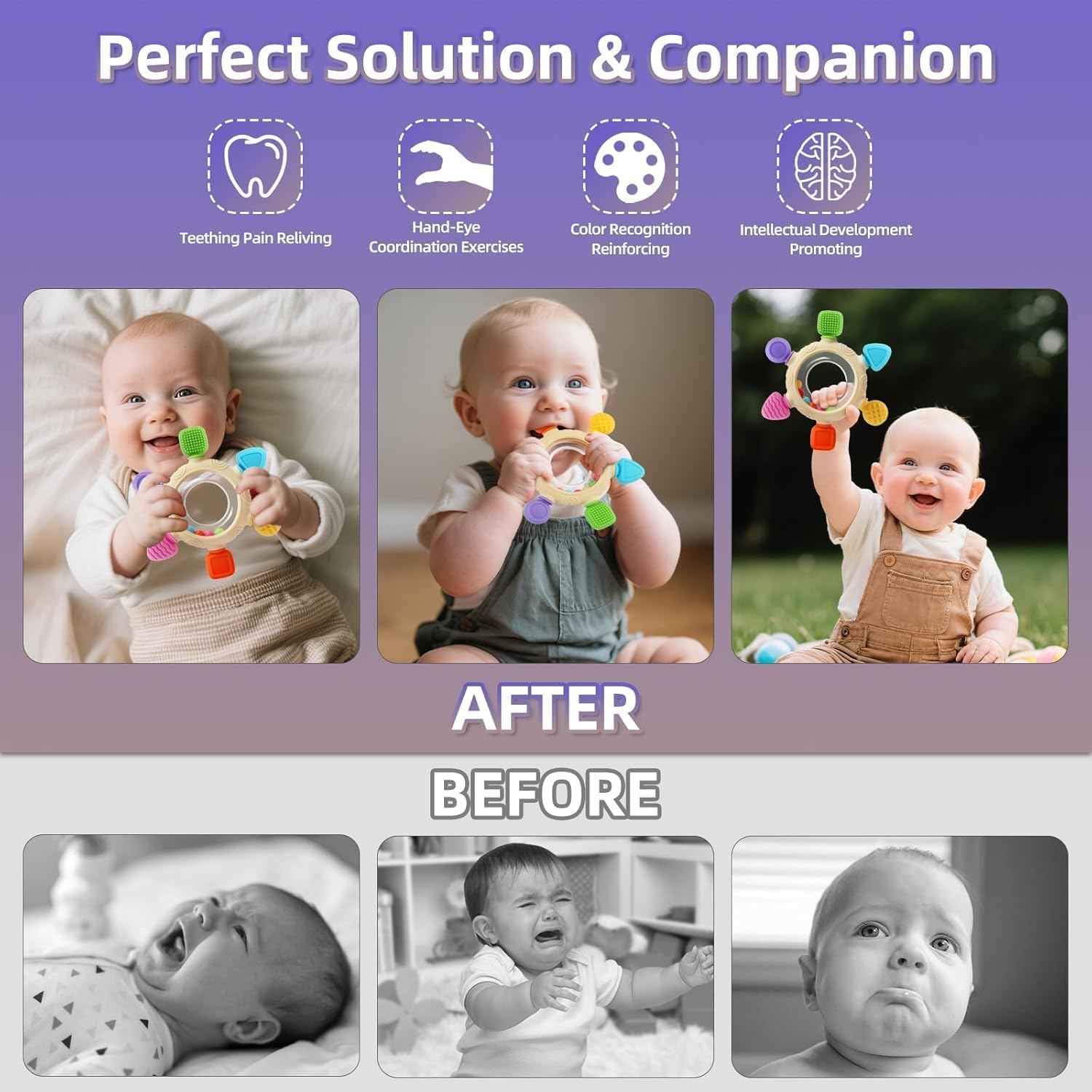Baby Teething Toys for 0-12 Months- Silicone Rudder Teether Toy with Rattle Rings - BPA Free Sesory Montessori Toy for Soothing Sore Gums & Pain Relief - Easy to Clean Baby Shower Essentials Xmas Gift image number 5