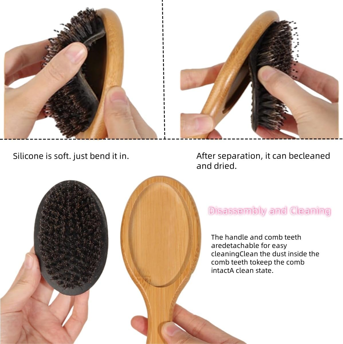 Wild Boar Bristle Brush,Massage Comb,Soft Natural Wooden Nylon Bristles Hairbrush,Boar Bristle Cushion Brush, for Women Men for Thick Thin Long Short Hair, 21X6.5Cm image number 1