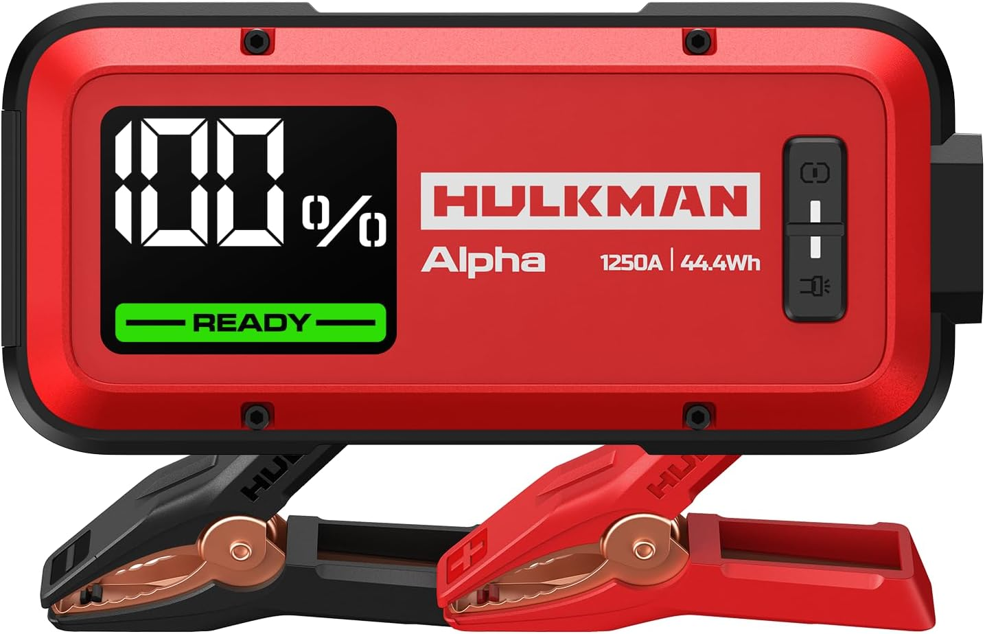 Hulkman Alpha, Ultra Red, 1250A 44.4Wh Battery Jumper Starter Portable, 12V Modern Car Jump Box with Jumper Cables, for 7.0L Gas/4.0L Diesel Engines, 65W Fast Charging, IP65 Rated, Large LED Display image number 2