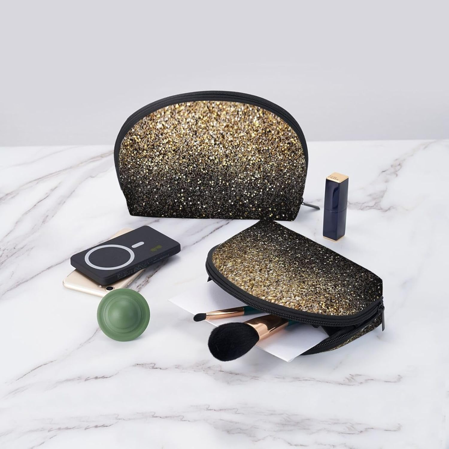 Coin Pouch Makeup Bags Set, 2 Piece Shell Shape Cosmetic Bag with Pockets for Daily Travel Handbag Lipstick Keys Toiletry, Personalized Golden Glitter Black Gold Dots