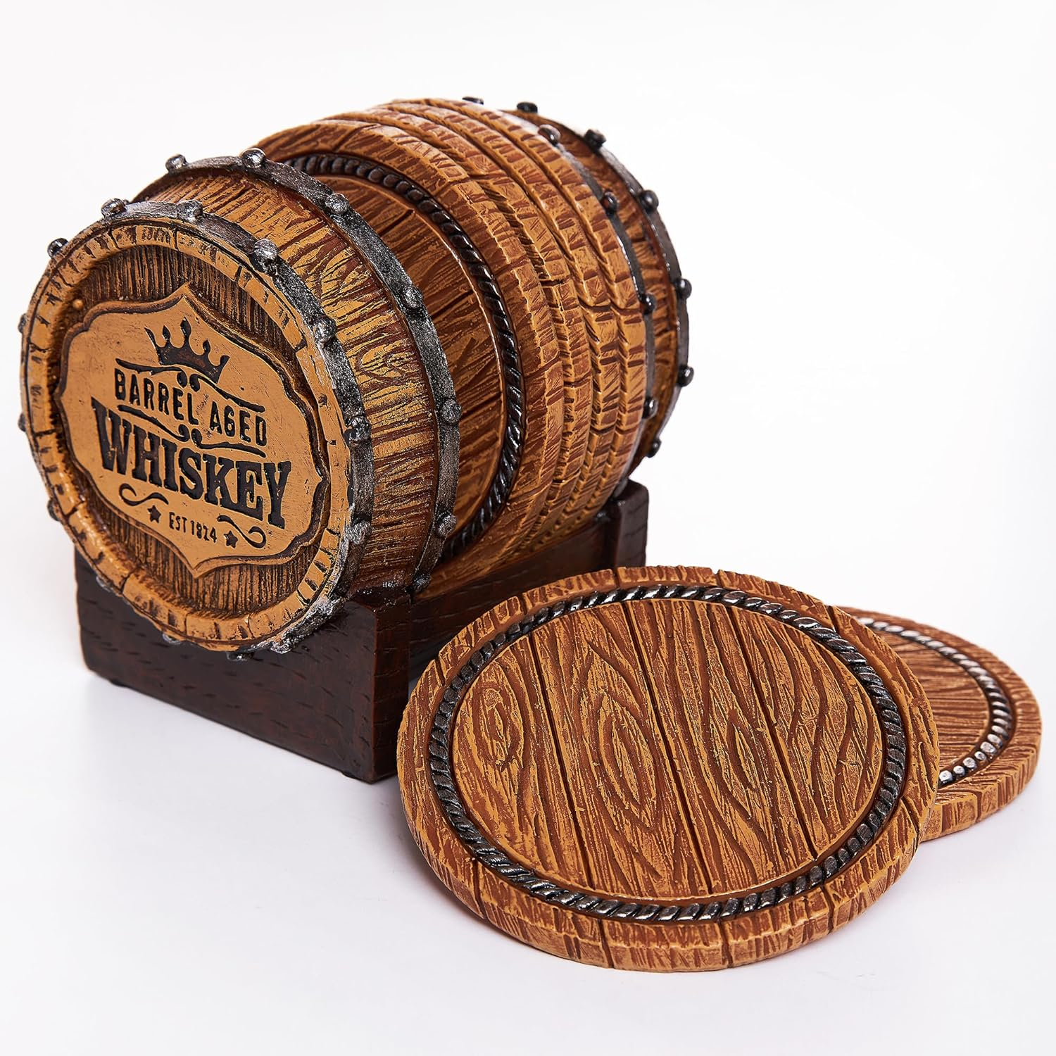 Whiskey Barrel Coaster Set &ndash; Handcrafted Whiskey Barrel Decor for Whiskey Lovers and Man Cave Gifts for Men - 6 Full Size Whiskey Coasters with Barrel Style Holder for Man Cave D&eacute;cor image number 3