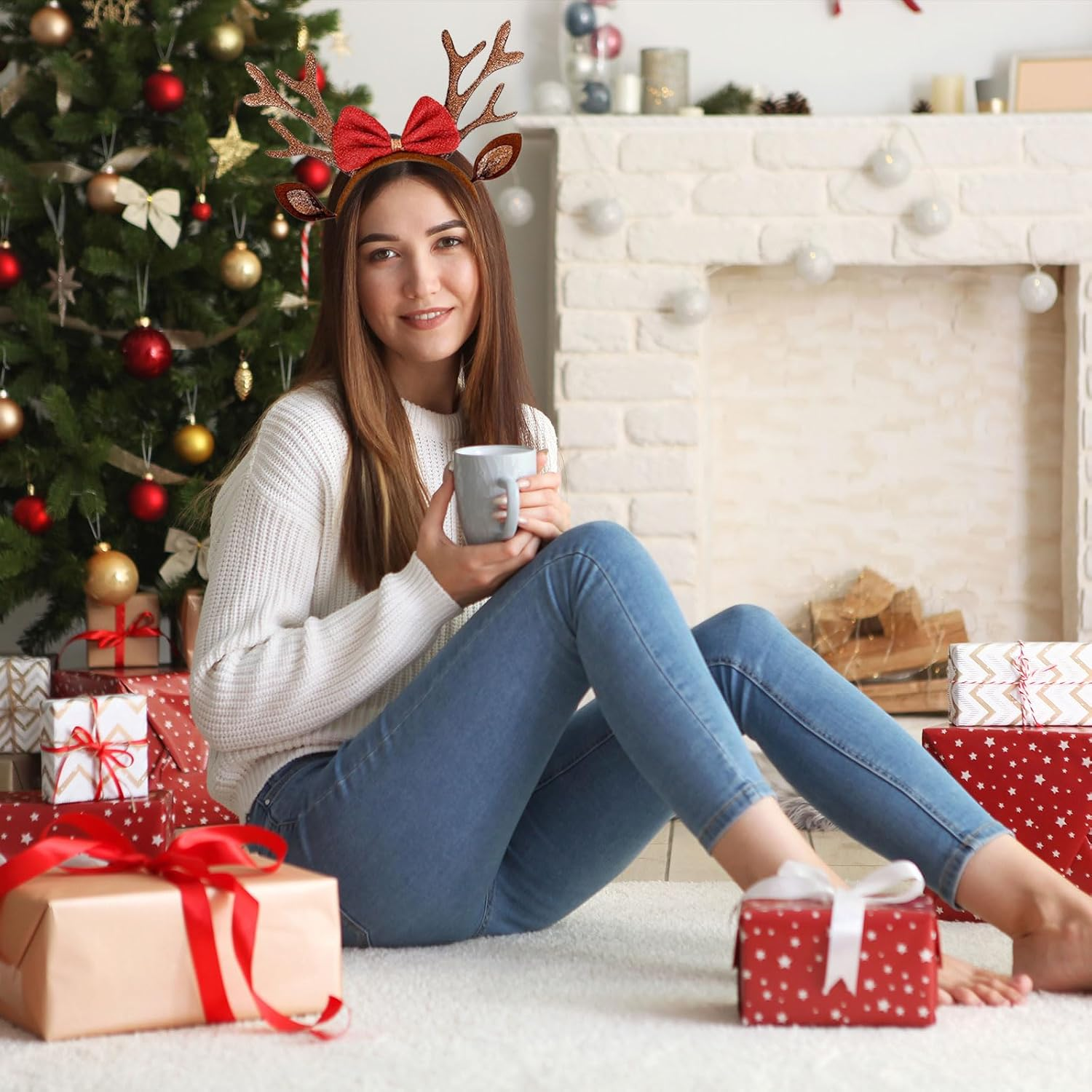 Celblisora Brown Christmas Antlers Headband,Reindeer Ears,Headbands for Women Christmas Holiday Hair Accessories for Women image number 5