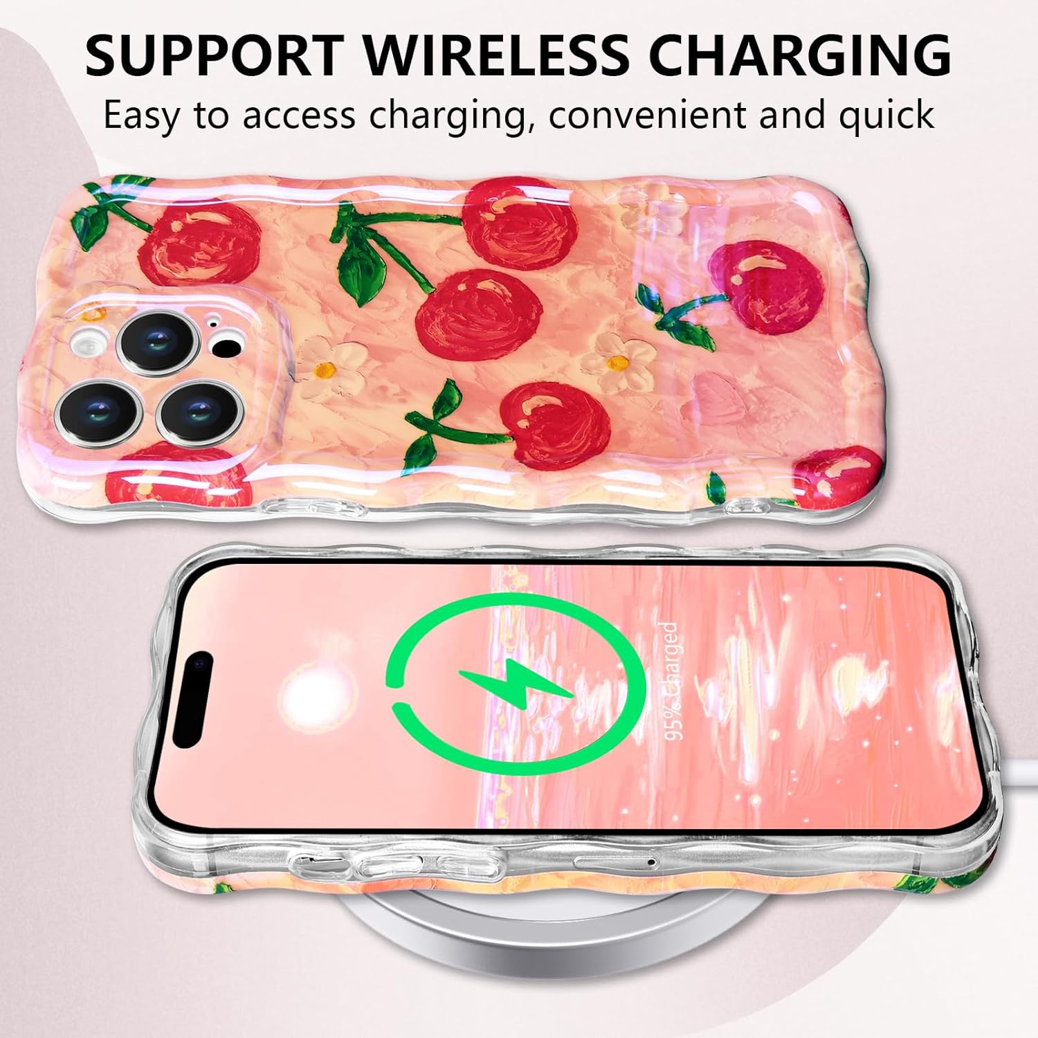 Tcaraersing for Iphone 14 Pro 6.1" Girly Case, Glossy Colorful Retro Oil Painting with Cherry Pattern, Cute Curly Wave Frame Exquisite Soft TPU Mobile Cover for Girls Women image number 6