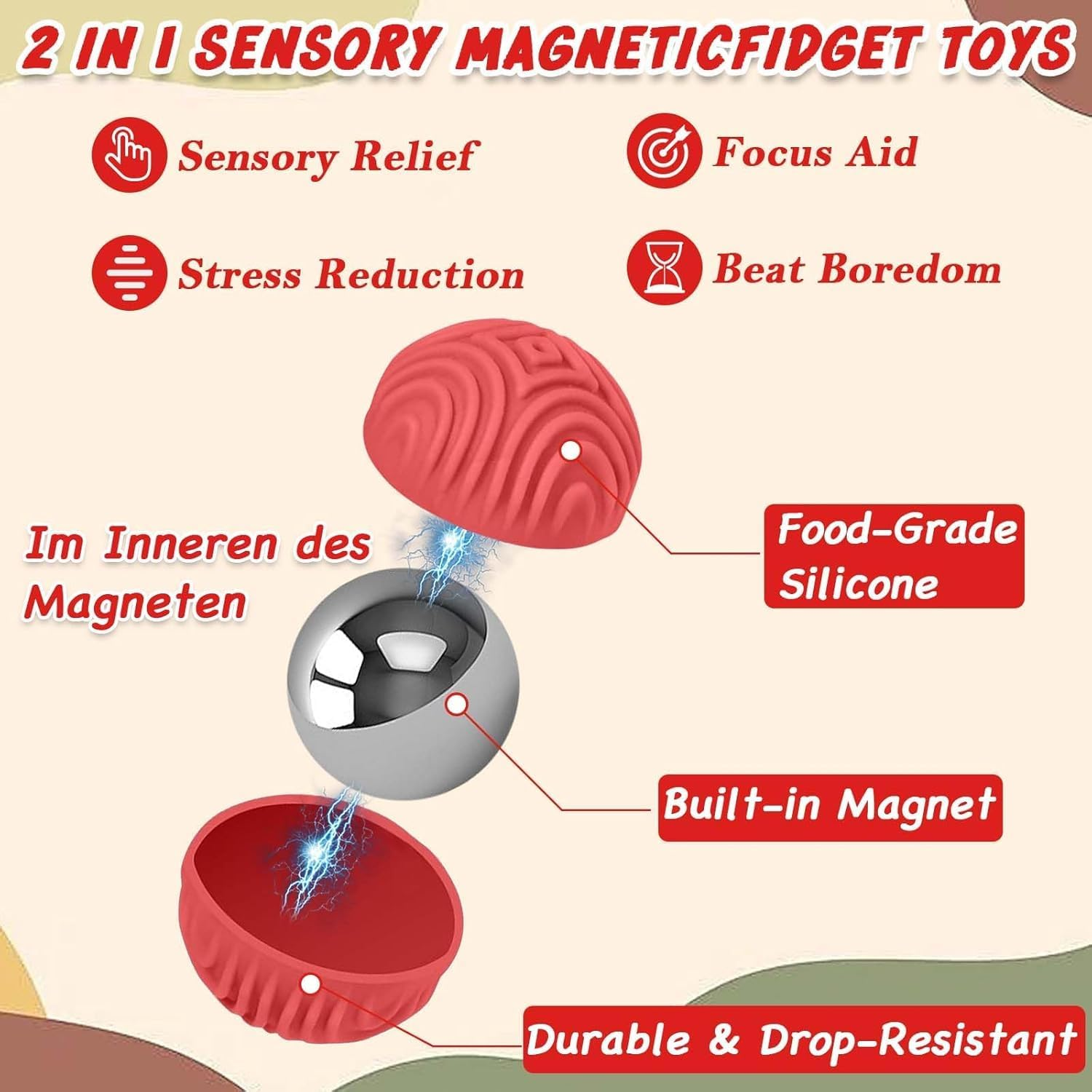 Magnetic Sensory Fidget Ball Toy, Anti-Stress Silicone Ball Toy 8 PCS, Motor Skills Toy with Multi Texture, Peace of Hands and Anxiety Mind, Fun Stress Free Magnet Balls, for Adults and Teens (Pink)
