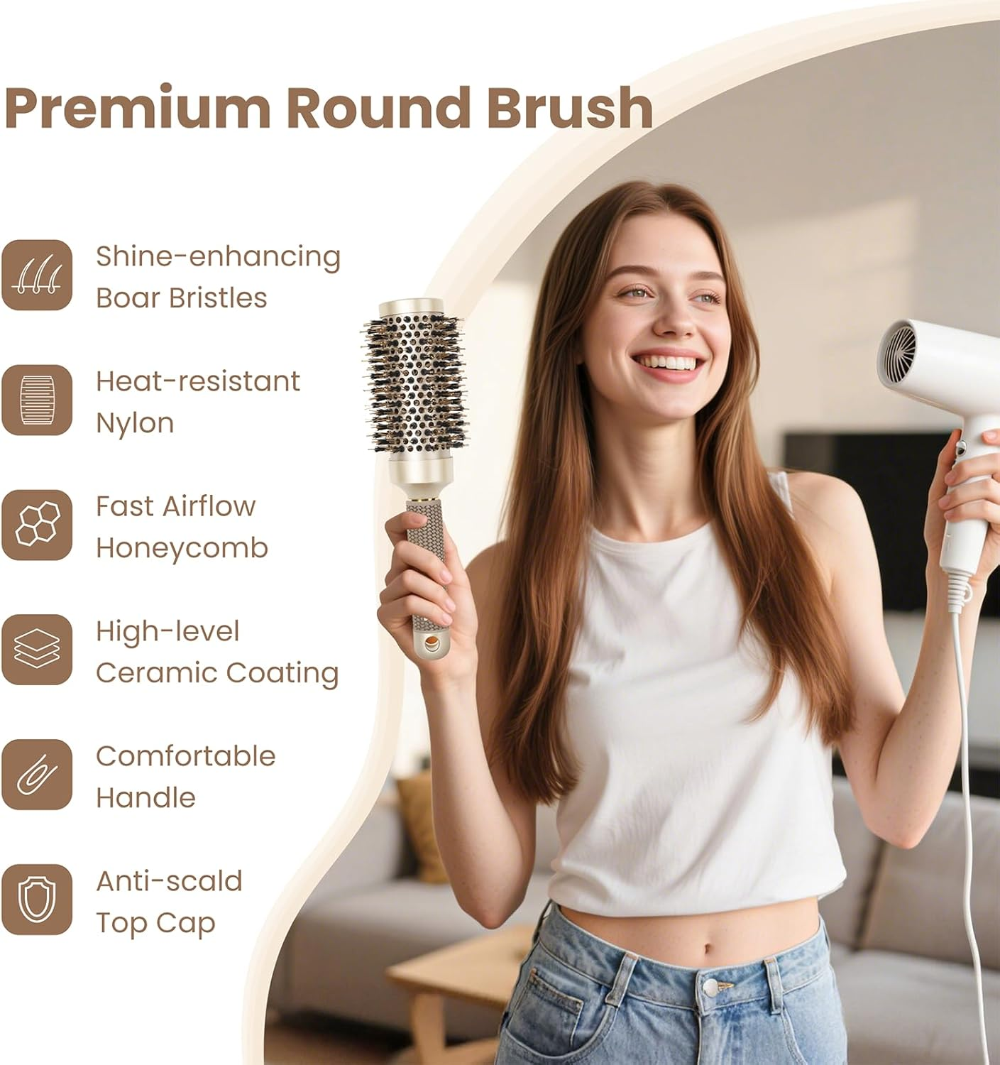 AIMIKE round Hair Brush, Nano Thermal Ceramic & Ionic Tech round Brush, Blow Dry Hair Brush with Boar Bristles, Barrel Brush for Styling, Curling, Add Volume & Shine (2.9 Inch, Barrel 1.7 Inch) image number 1