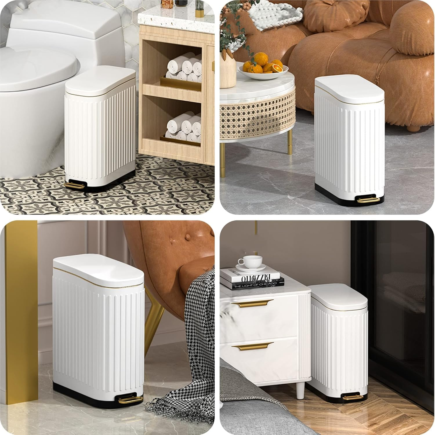 Small Trash Can with Lid Soft Close 6 Liter Stainless Steel Rectangular Slim Trash Bin with Metal Pedal Removable Inner Wastebasket for Bathroom Bedroom, Kitchen, Powder Room, Office, White - White image number 6