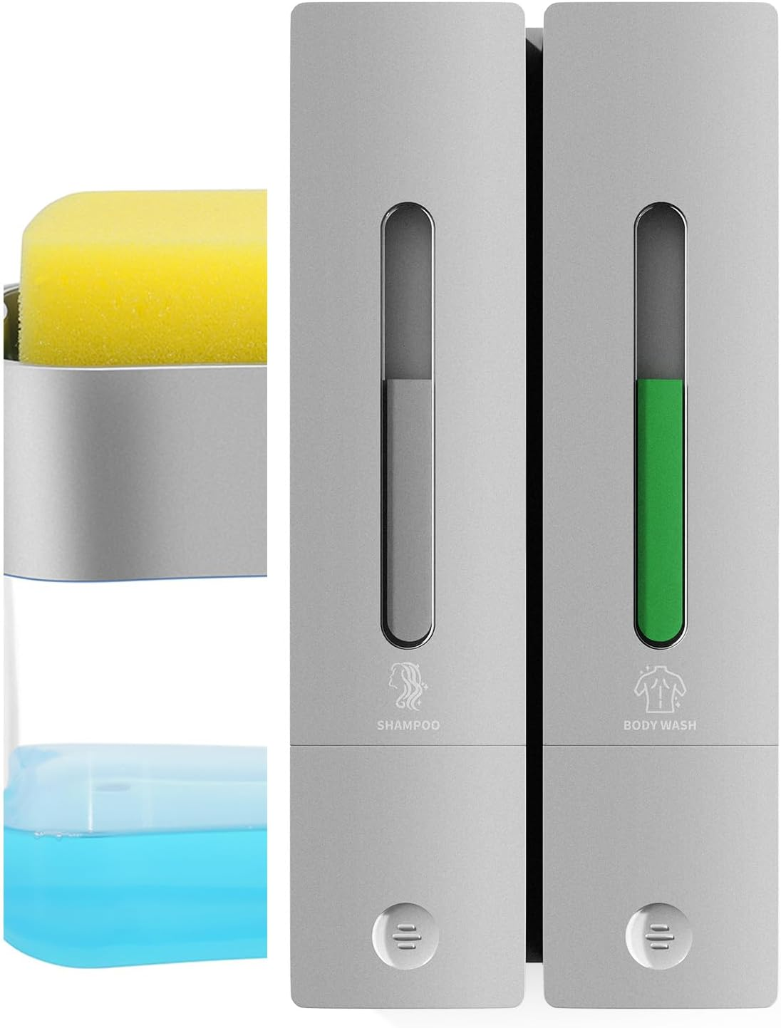 Aeakey Dish Soap Dispenser, Kitchen Sink Soap Dispenser with Sponge Holder, 13 Oz (Silver)