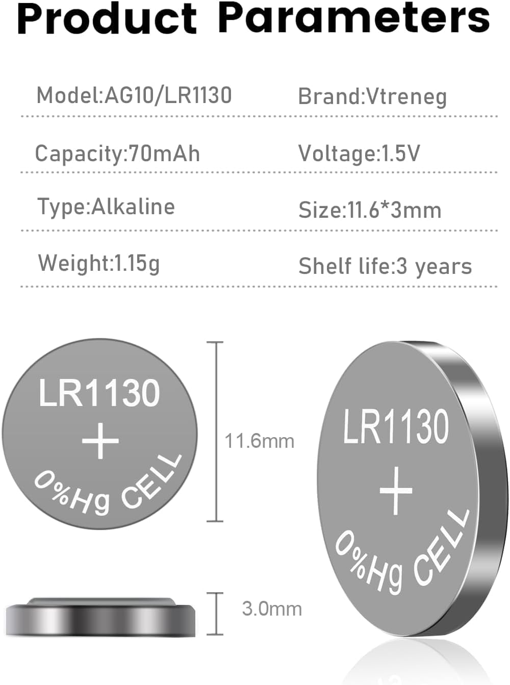 10 Pack AG10 Battery LR1130 Batteries Alkaline Button Batteries 189 389 AG10 LR1130 LR54 V10GA Alkaline Button Coin Cell for Calculator Watch image number 1