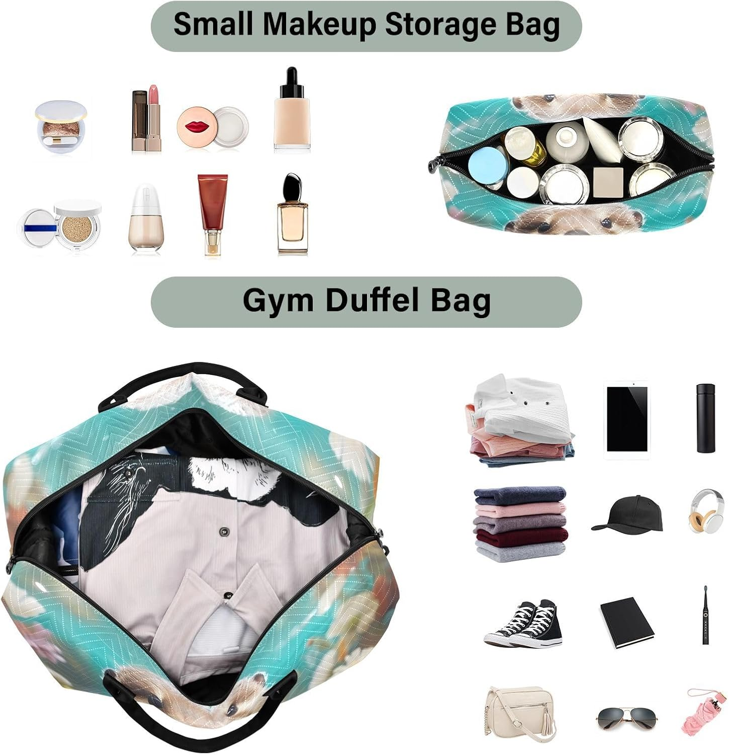 WOIWB Duffel Bag Set with Toiletry Bag for Travel Gym Sport, Luggage Sleeve Weekender Bag Carry on Overnight Bag-Watercolor Painting Otter Print, Multicolor, 20.5 X 7.9 X 13.8 Inches+9.1 X 3.5 X 5.9 image number 1