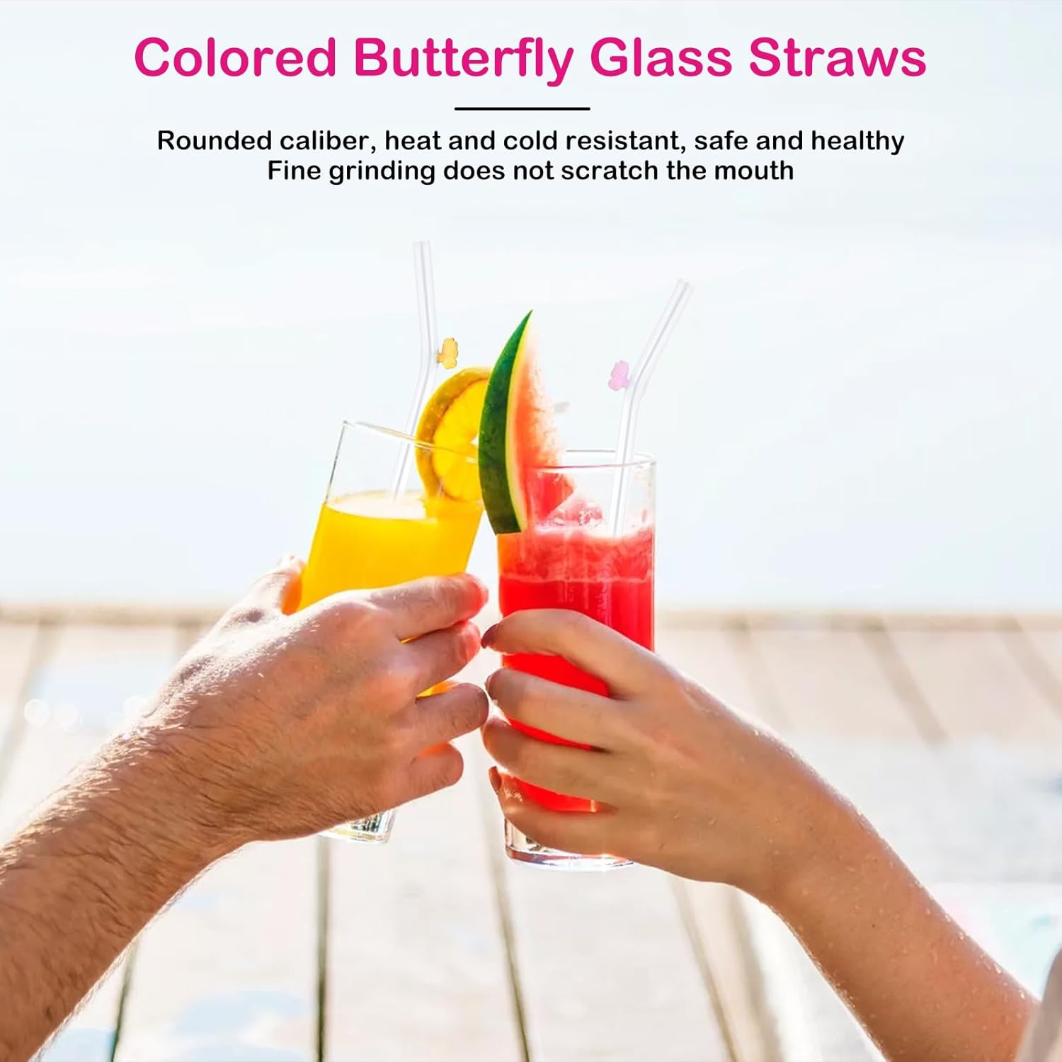 Reusable Glass Straws 6-Pack, Multicolour Butterfly Decorated Drinking Straw, Eco Friendly Bent Straws Drinking for Smoothies, Milkshake, Cocktail (20Cm, Clear) image number 3