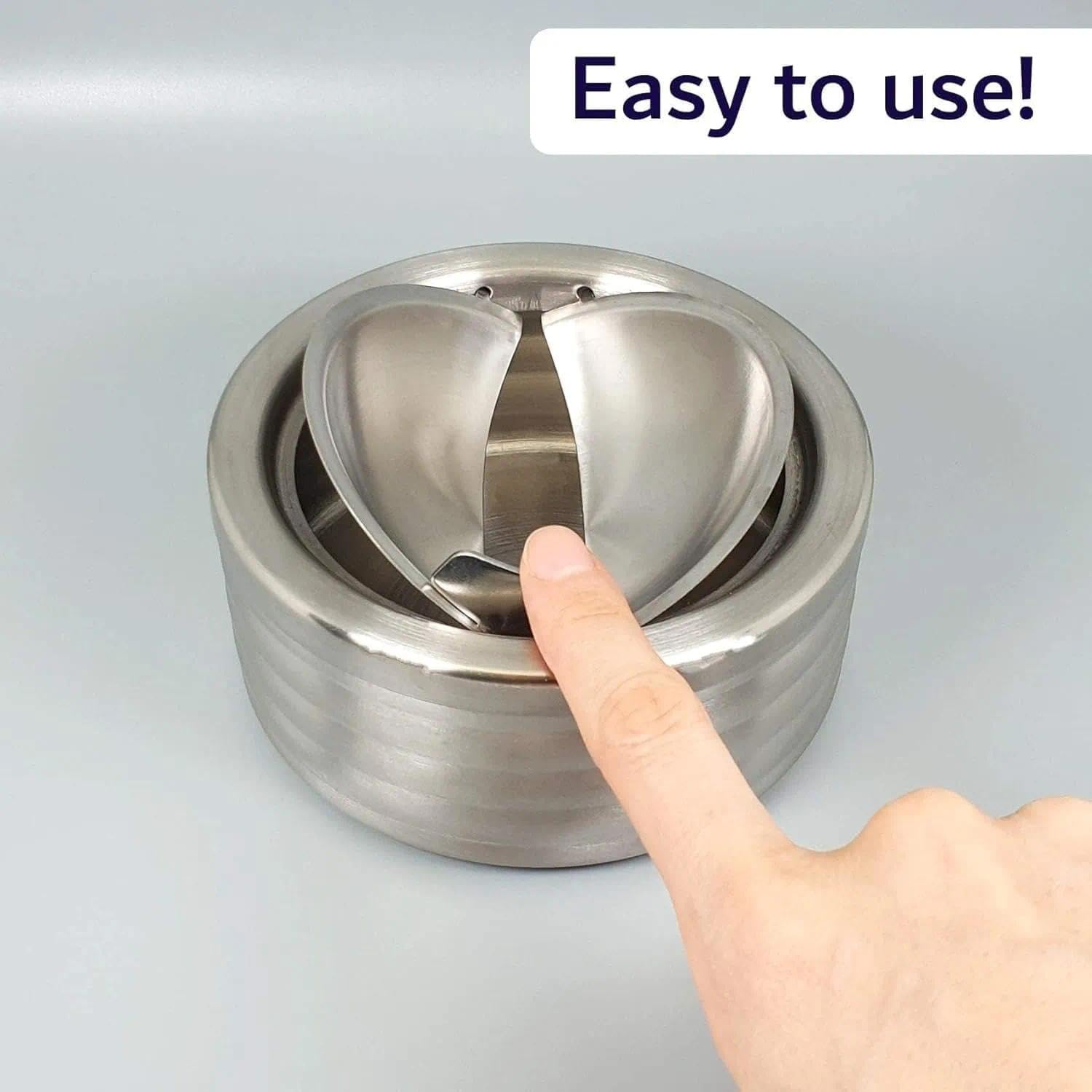 Silver Windproof Outdoor Ash Tray with Lid &ndash; Stainless Steel round Cigar Ash Tray for Indoor Outdoor Use, Portable and Smell Proof Design &ndash; Compatible with Home Car Patio &ndash; Fengea image number 3