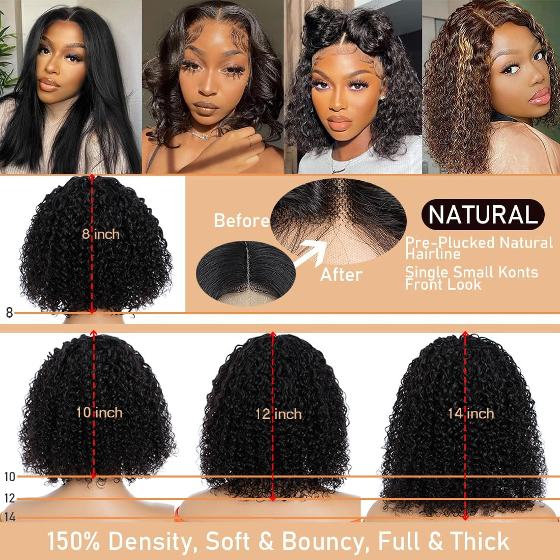 Short Kinky Curly Lace Front Wig, 8 Inch Bob Deep Curly, 13 X 4 X 1 HD Lace Front Wig for Women, Brazilian Virgin Human Hair Wigs with Fringe, Natural Looking image number 2