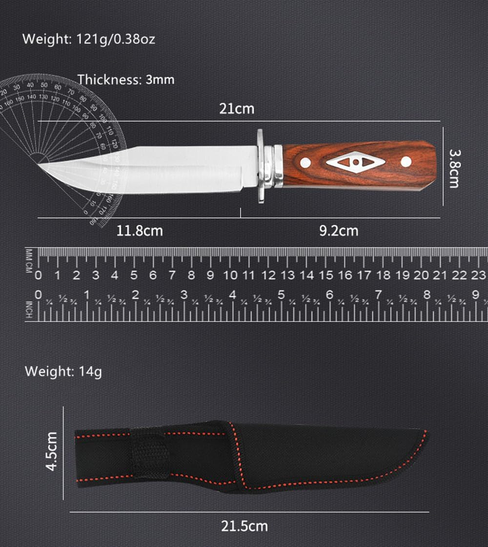 8" Fixed Blade Knife - Satin Finish Stainless Steel Blade, Brown Wood Handle with Stainless Steel Bolster, Includes Nylon Sheath - EDC, Survival, Bushcraft, Skinning and Camping Knife image number 1