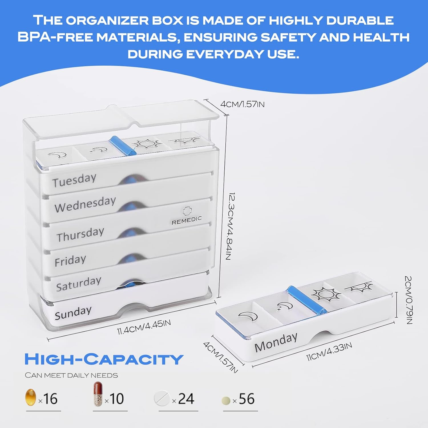 Weekly Pill Organizer 4-Times-A-Day 7 Day Pill Box Large Compartments Moisture-Proof Pill Case Medication Organizer Portable Travel Container for Vitamins Fish Oil Compartments Supplements Easy Grip