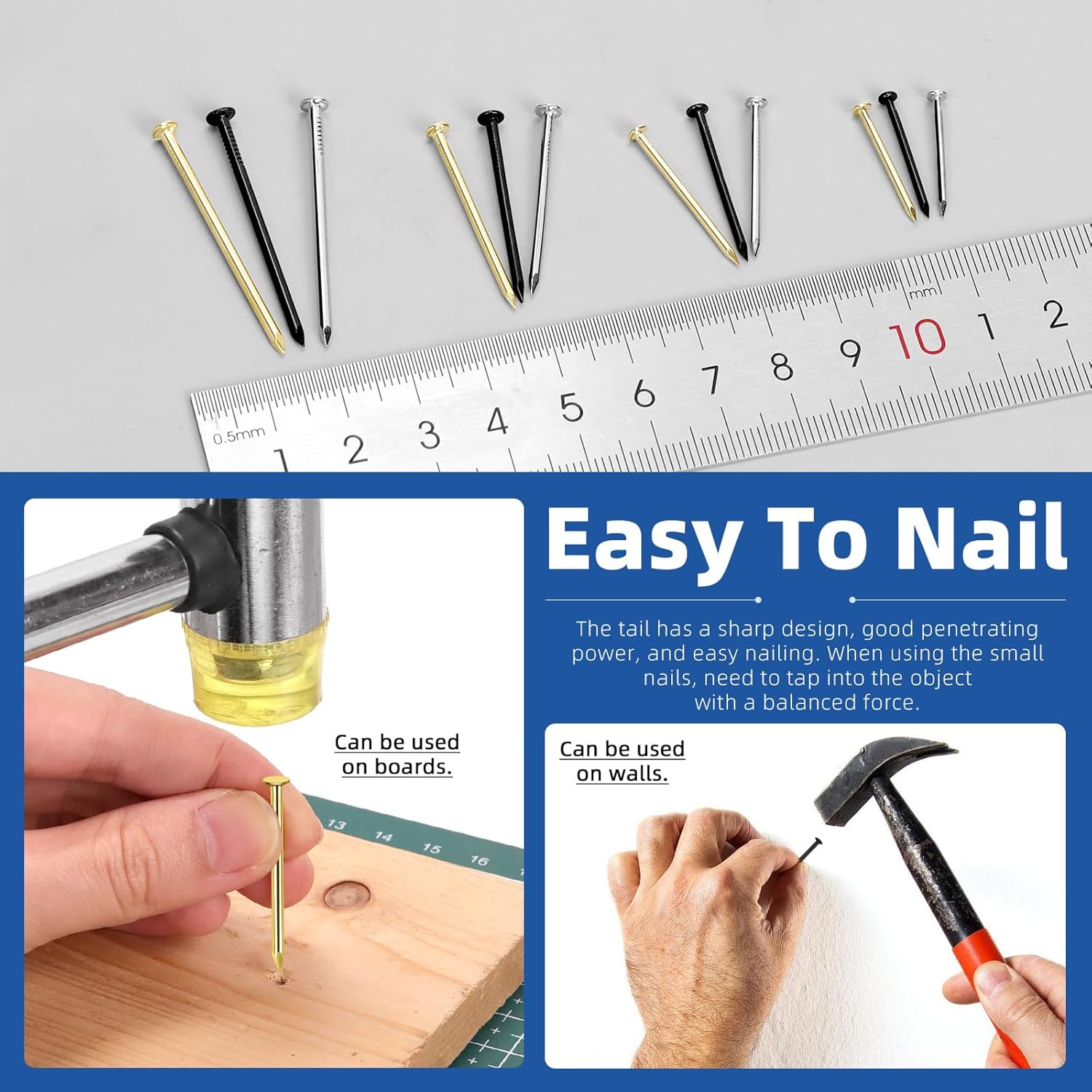 Glarks 500Pcs 20/25/30/38Mm Length Nail Assortment Kit, Black Hanging Nails, Finishing Nails, Wall Nails, Wood Nails, Common Nails, Hardware Nails for Picture Wall Hanging - Black Golden Silver image number 3