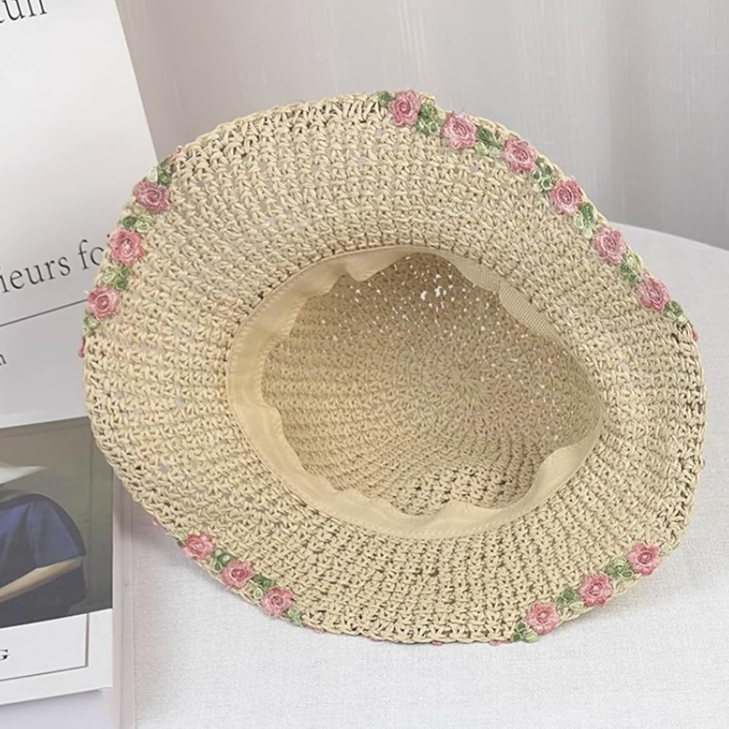 Cosiesnest Straw Hat Women'S Sun Hat Breathable Summer Hat Women'S Straw Hat Summer with Embroidered Flower Sun Hats Foldable Suitable for Hiking Camping Tourism image number 3