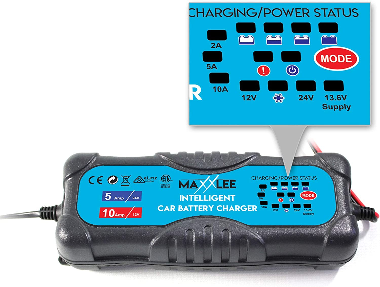Christmas Birthday Gift Idea, Car 12V 24V Battery Charger, Trickle Charge, 2A 5A 10A Maxxlee, 2 Pcs, Smart Fully Automatic for Automotive Wet MF AGM GEL Lead Acid Batteries 9 Stage Fast, 1 Yr Warranty