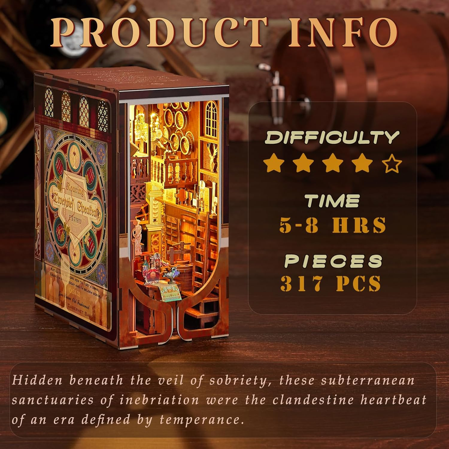 Book Nook Kit, DIY Miniature Dollhouse Booknook Kit, 3D Wooden Puzzle Bookend Bookshelf Insert Decor with LED Light for Teens and Adults (Roaring Twenties Speakeasy) - Roaring 20S Speakeasy image number 6
