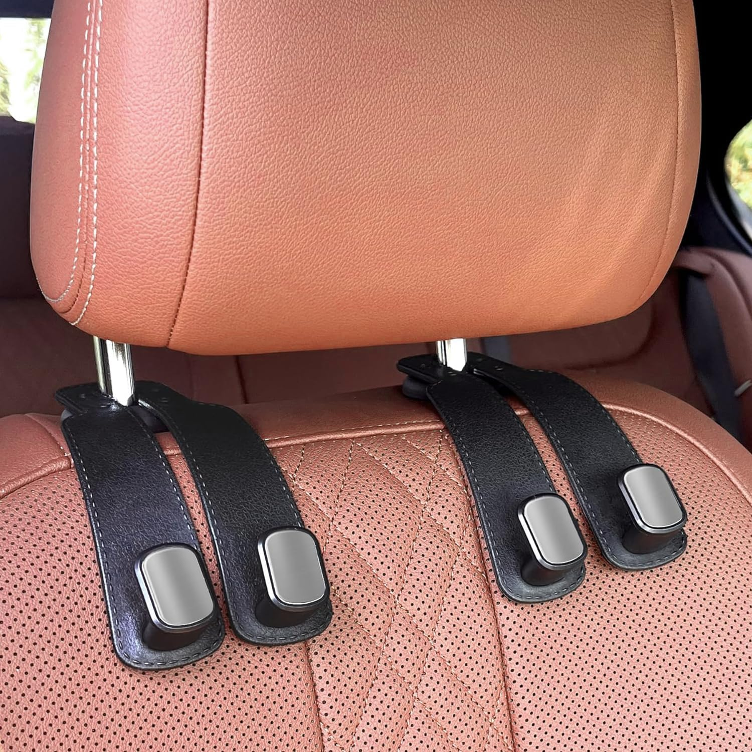Topbine 2Pcs Car Hooks for Headrest,Automotive Seat Back Hooks, Leather Car Seat Headrest Double Hooks (Black) image number 1