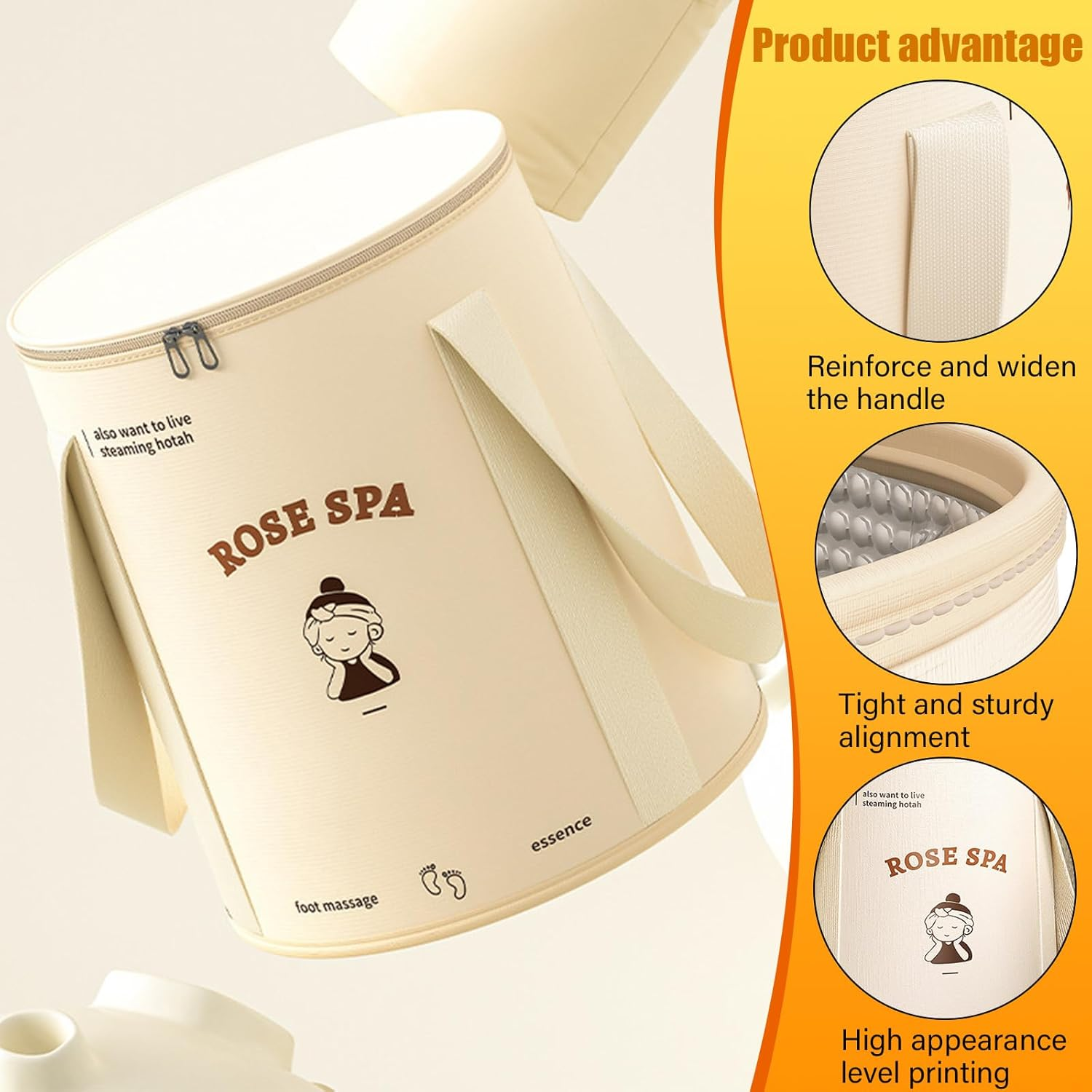 Sgphrzlt Collapsible Foot Basin Tub for Soaking Feet with Lid & Handle, Portable Travel Foot Soak Bucket, Foldable Foot Bath Spa Bag, Long Lasting Insulation, Beige image number 3