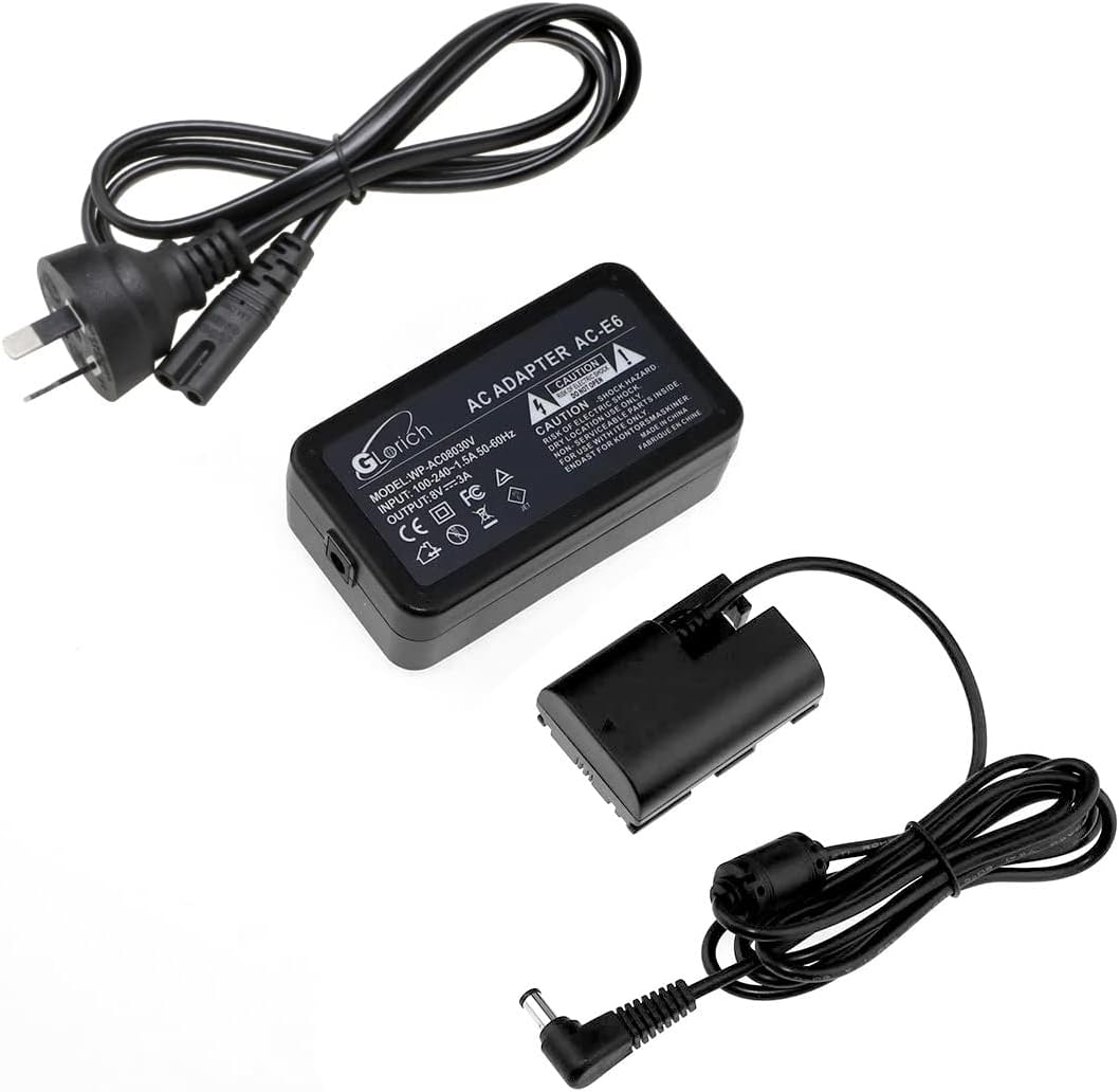 Glorich ACK-E6 AC Power Adapter DR-E6 DC Coupler LP-E6 LP-E6N Dummy Battery Power Supply Kit for Cameras Canon EOS R6 R5 R 90D 80D 7D Mark II 7D 70D 6D 60D 5D Mark IV 5DS with Fully-Decoded Smart Chip image number 3