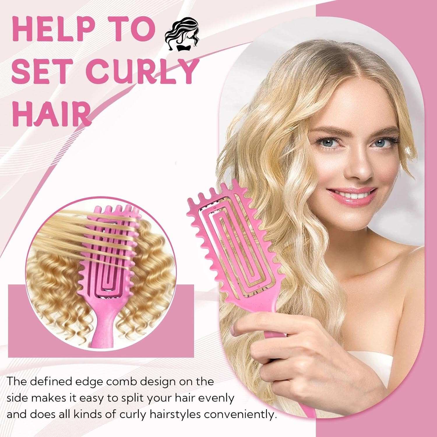 Zikenis Curling Brush, Curly Hair Brush with Ergonomic Handle, Hair Brush for Combing and Shaping, Unisex, Reduces Pulling and Curl Removal, for Defined Trendy Curls (Pink)