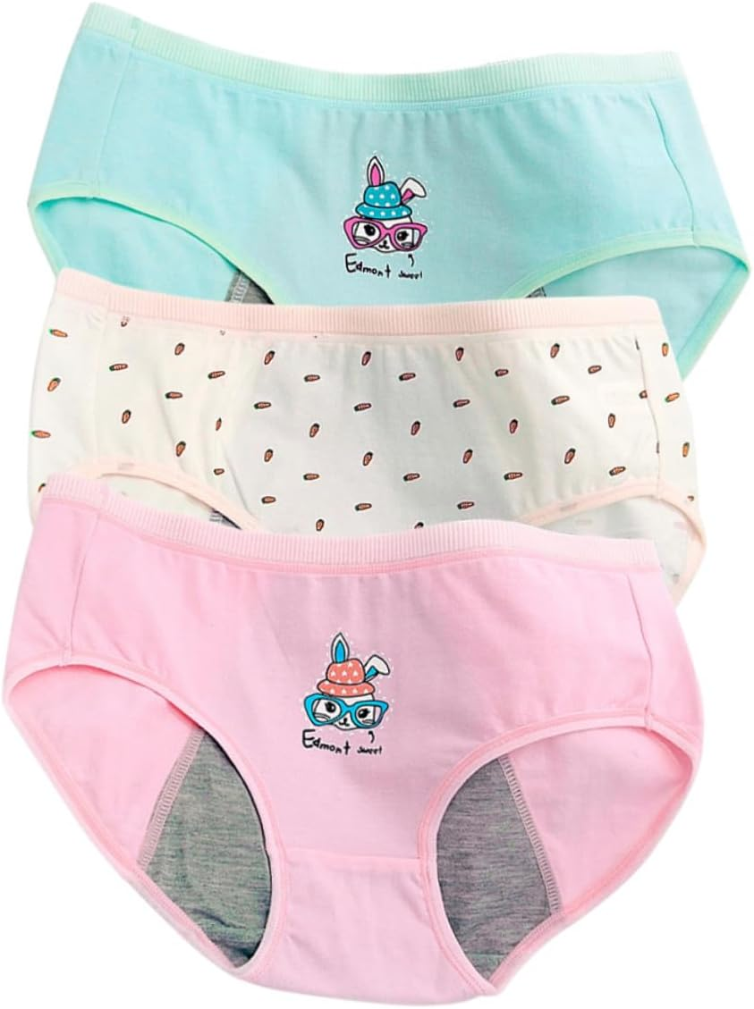 3Pcs Menstrual Underwear Female Breathable Sanitary Pants for Girls Period Briefs L Size Green Rabbit and Carrot Designs