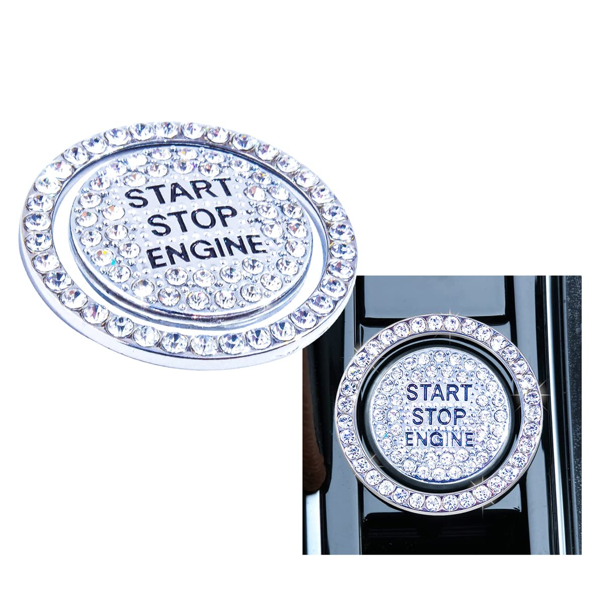 Engine Start Stop Button Bling Ring Cover,Key Ignition Starter & Knob Ring Crystal Rhinestone Cover, Push Start Button Cover Diamond Decor, Car Emblem Badge Sticker Women (Ring+Cover, Silver) image number 4