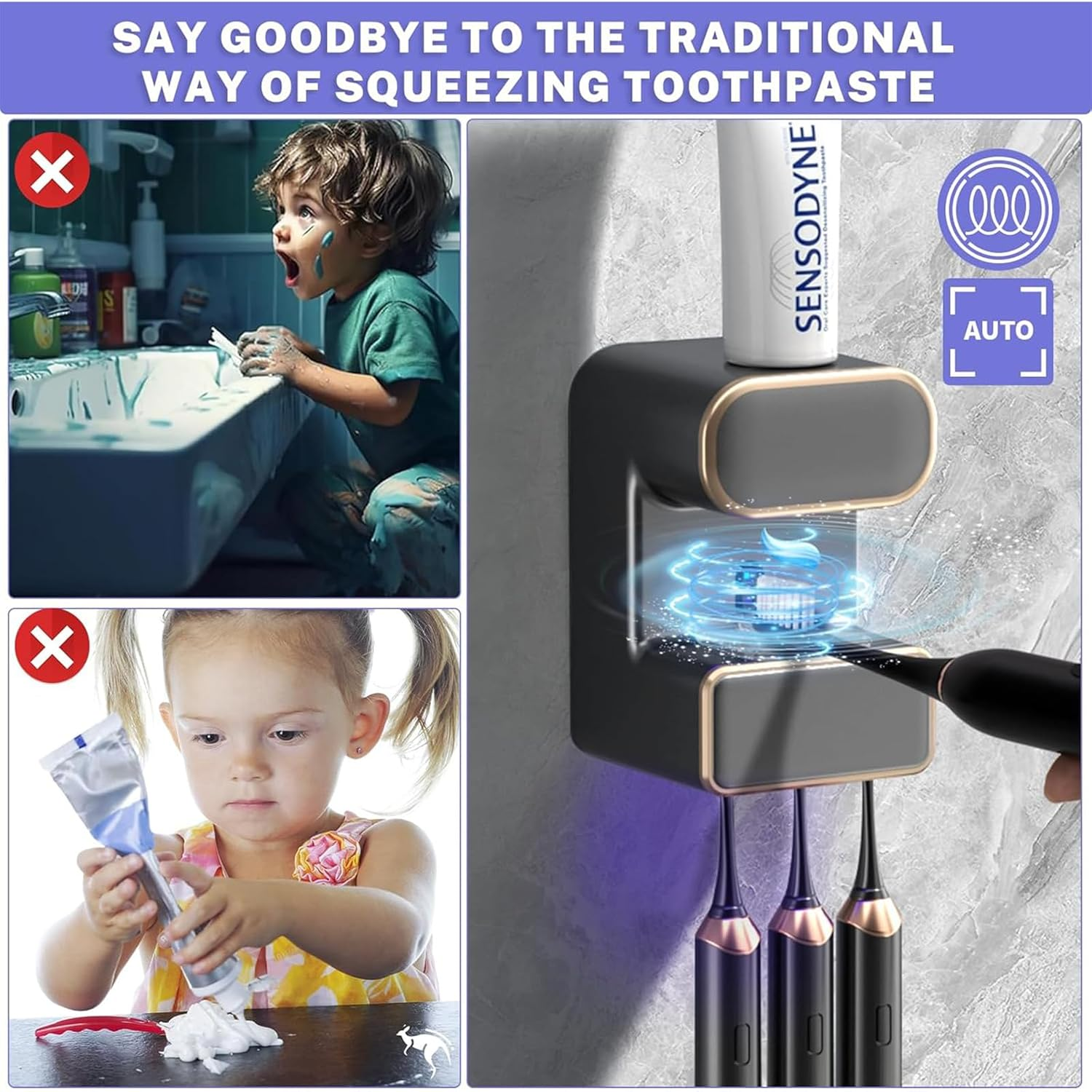 Heyinova Automatic Toothpaste Dispenser,Wall Mounted Electric Toothpaste Dispenser with 3 Toothpaste Slots,Toothpaste Dispenser for Kids and Adults (Black) image number 3